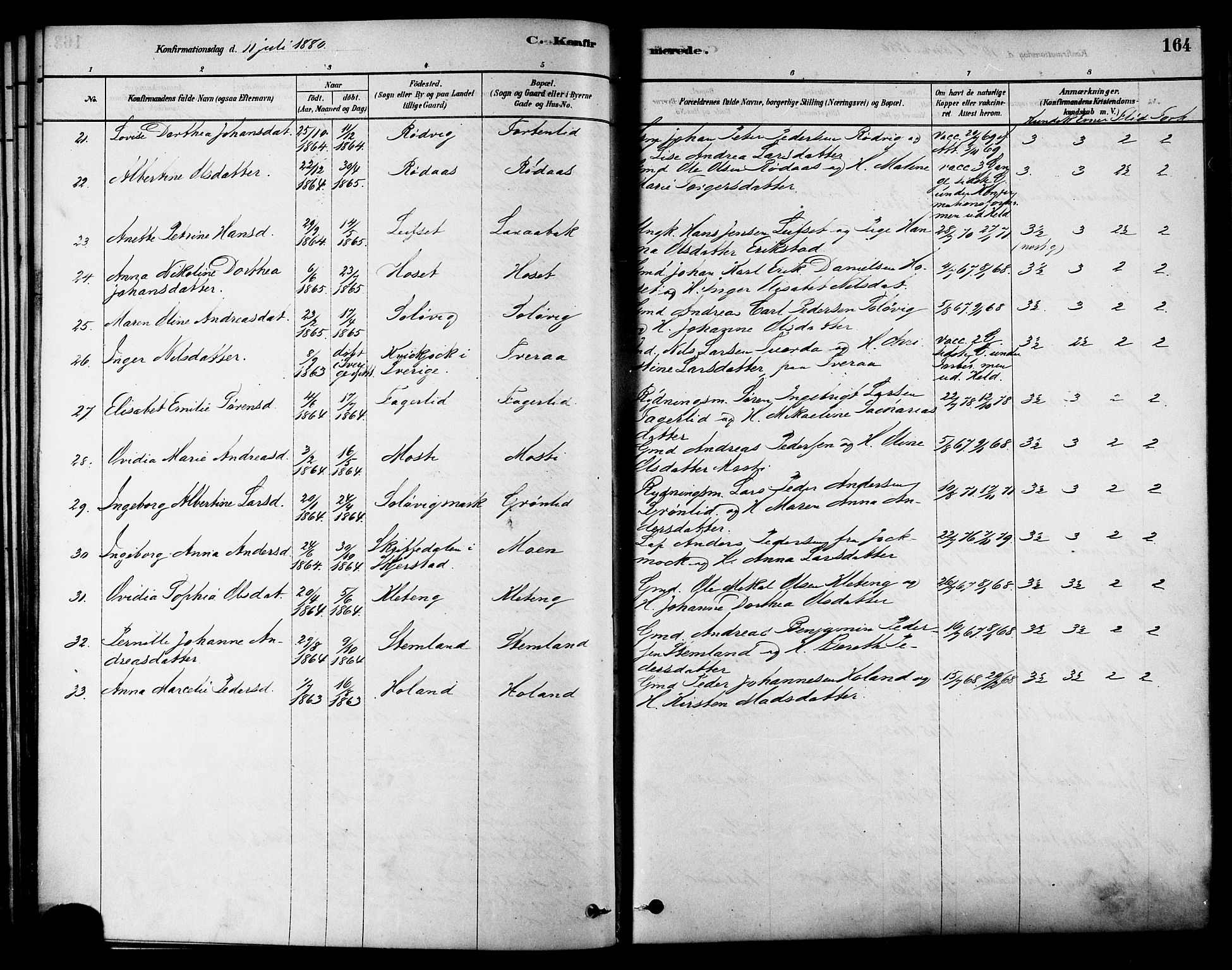 Ministerialprotokoller, klokkerbøker og fødselsregistre - Nordland, SAT/A-1459/852/L0740: Parish register (official) no. 852A10, 1878-1894, p. 164