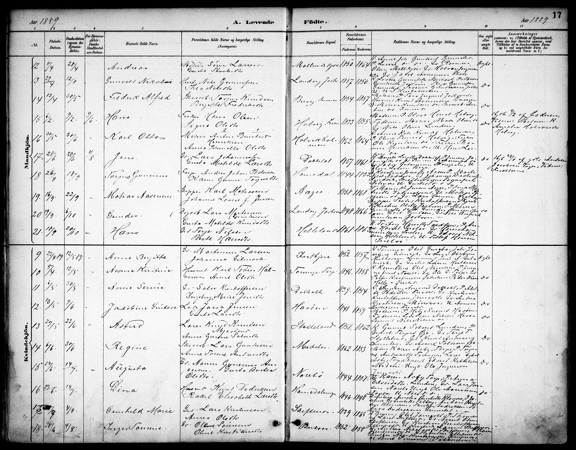 Hommedal sokneprestkontor, AV/SAK-1111-0023/F/Fb/Fbb/L0007: Parish register (copy) no. B 7, 1885-1904, p. 17