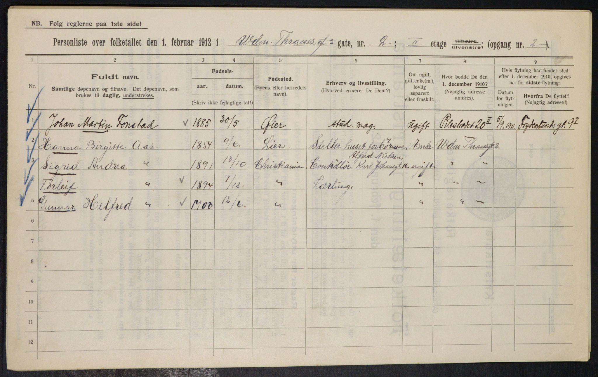 OBA, Municipal Census 1912 for Kristiania, 1912, p. 126215