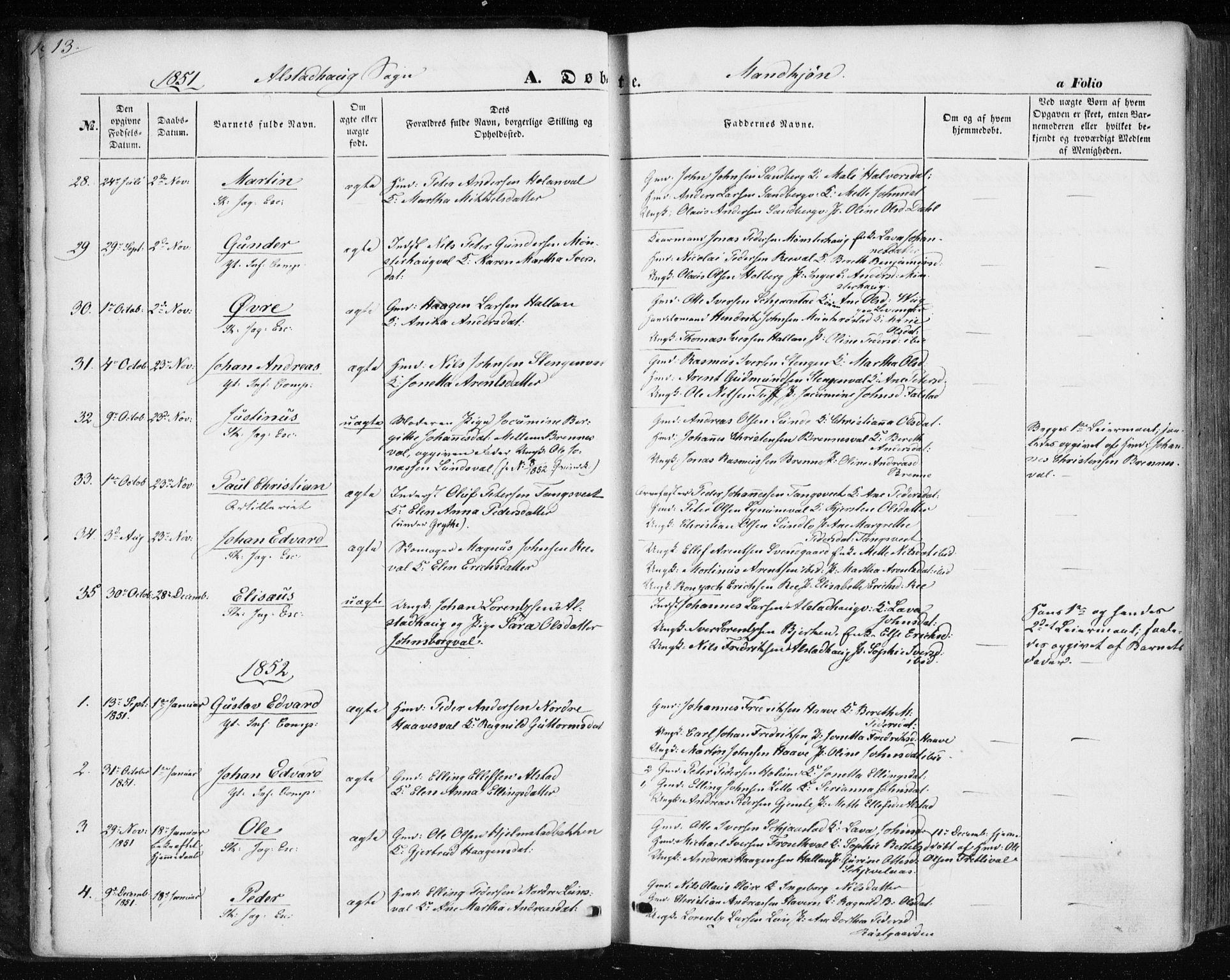 Ministerialprotokoller, klokkerbøker og fødselsregistre - Nord-Trøndelag, AV/SAT-A-1458/717/L0154: Parish register (official) no. 717A07 /1, 1850-1862, p. 13