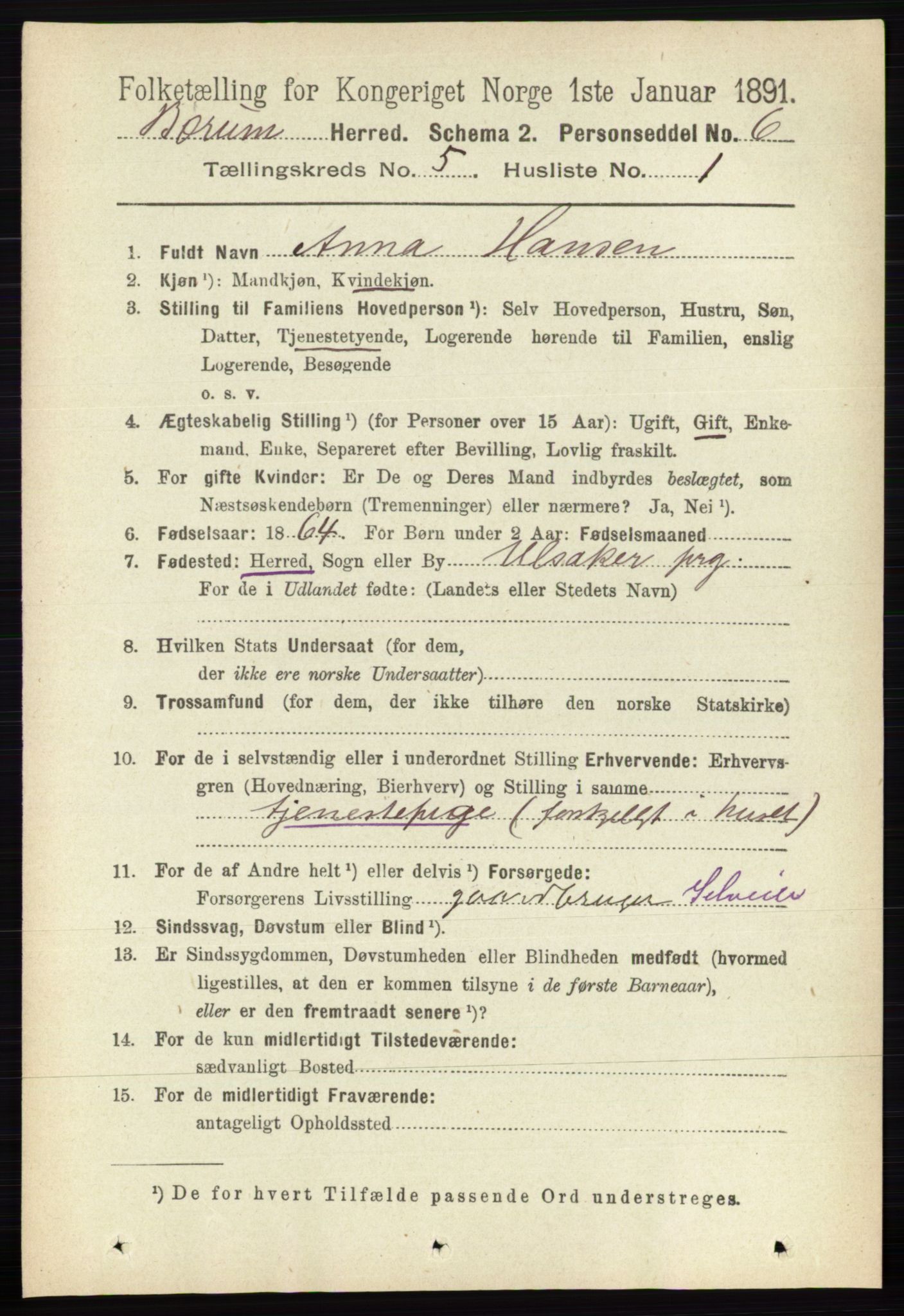 RA, 1891 census for 0219 Bærum, 1891, p. 3007