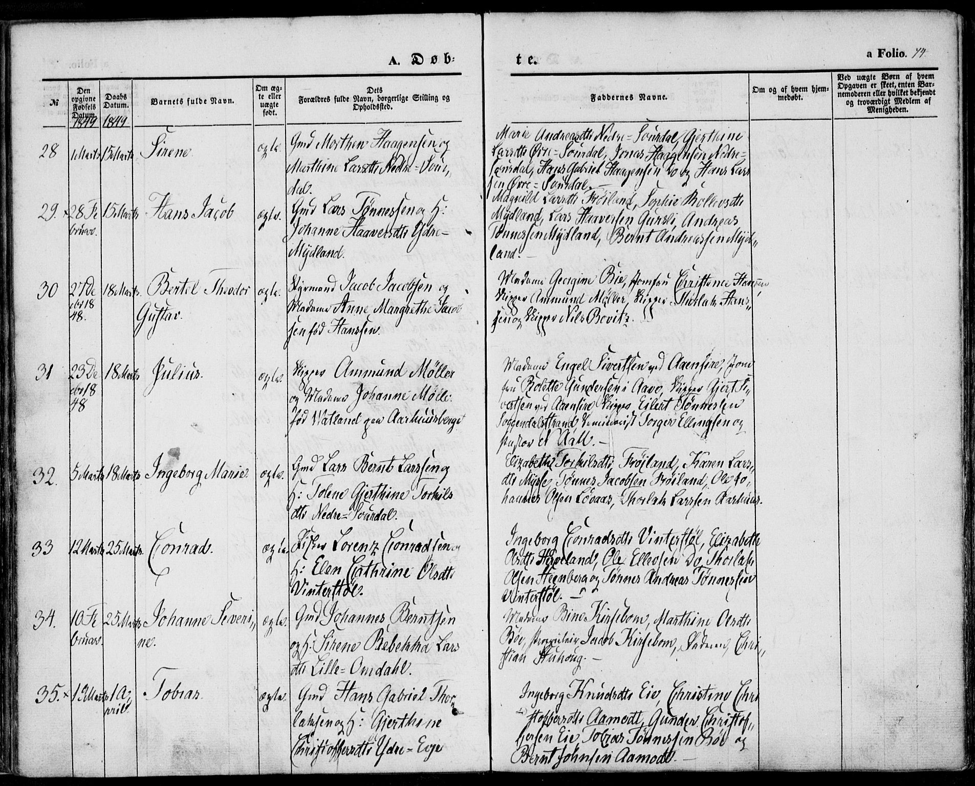 Sokndal sokneprestkontor, AV/SAST-A-101808: Parish register (official) no. A 8.1, 1842-1857, p. 74