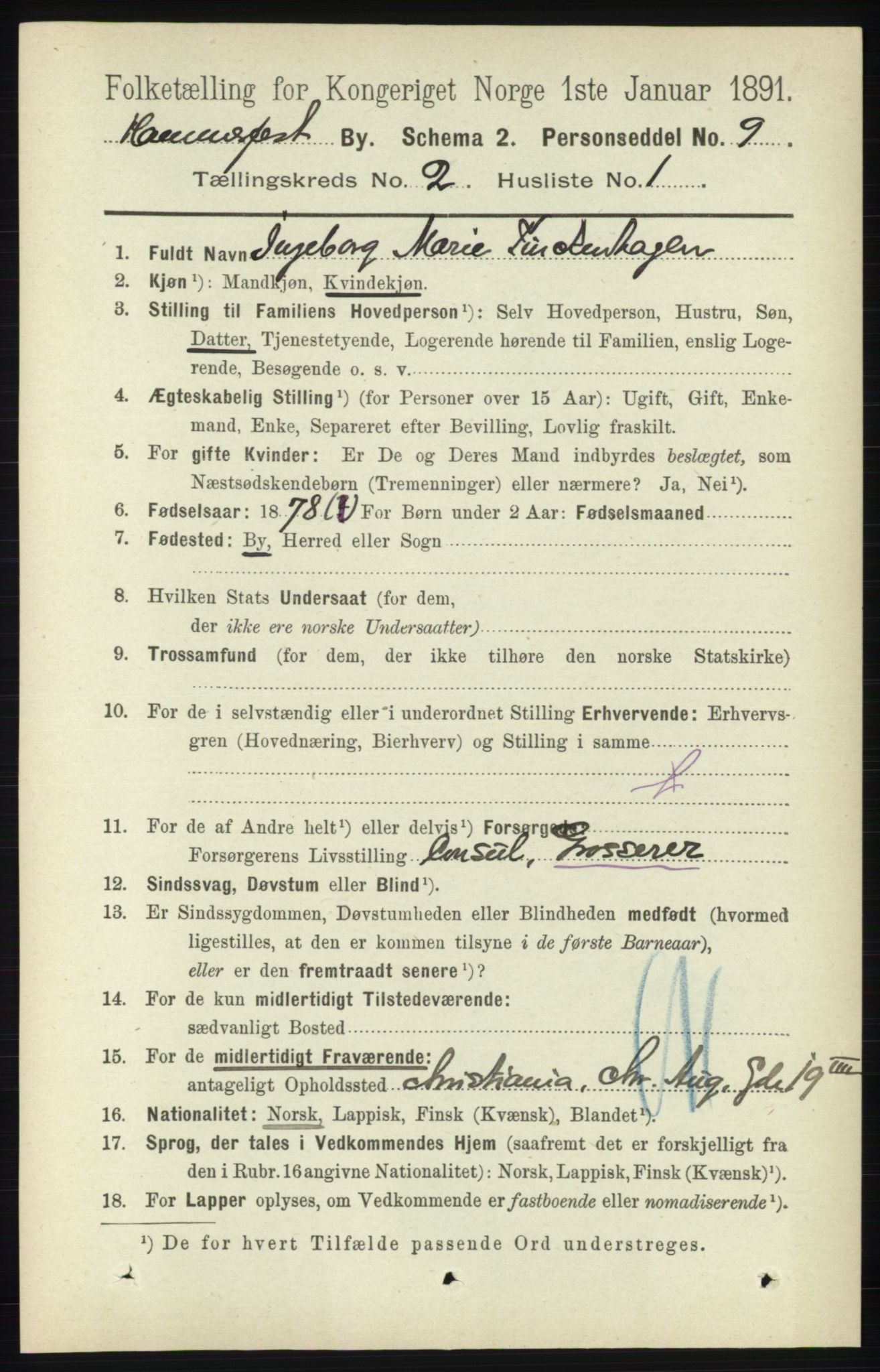 RA, 1891 census for 2001 Hammerfest, 1891, p. 280