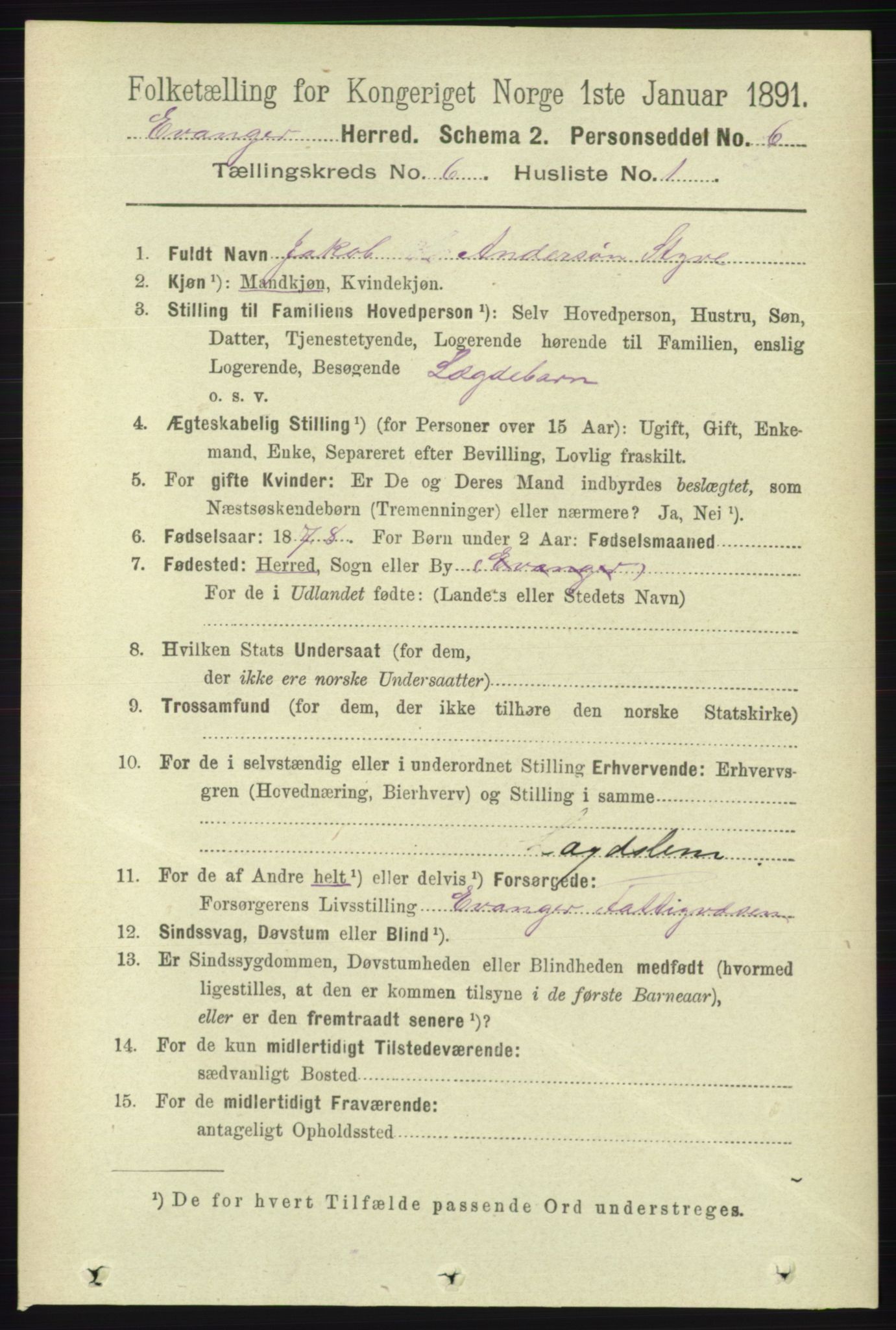 RA, 1891 census for 1237 Evanger, 1891, p. 1617