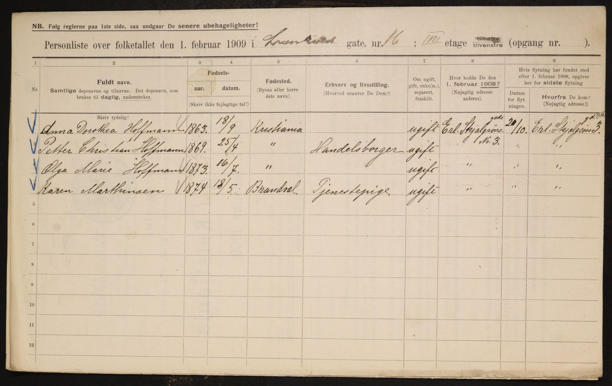 OBA, Municipal Census 1909 for Kristiania, 1909, p. 53696