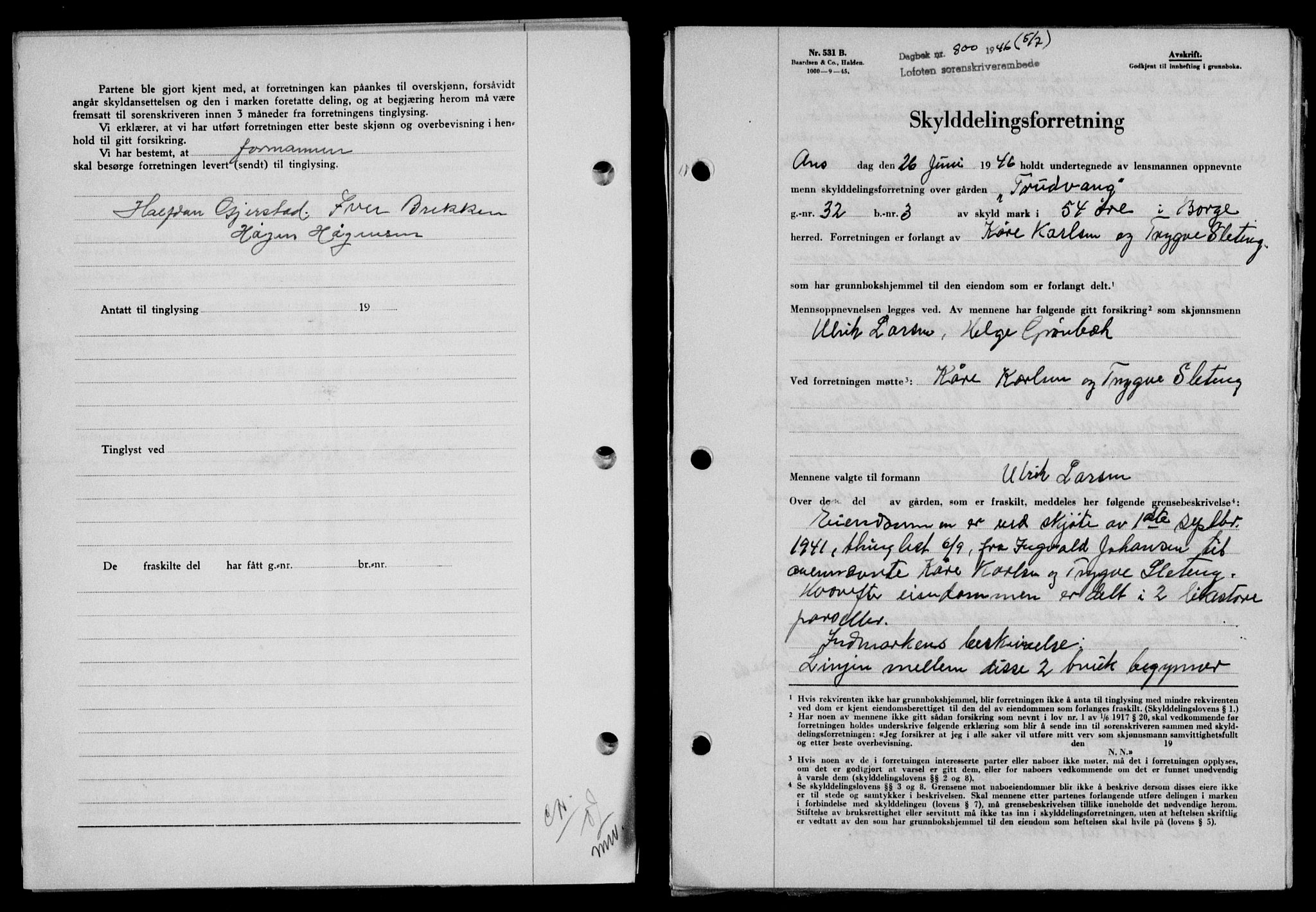 Lofoten sorenskriveri, SAT/A-0017/1/2/2C/L0014a: Mortgage book no. 14a, 1946-1946, Diary no: : 800/1946