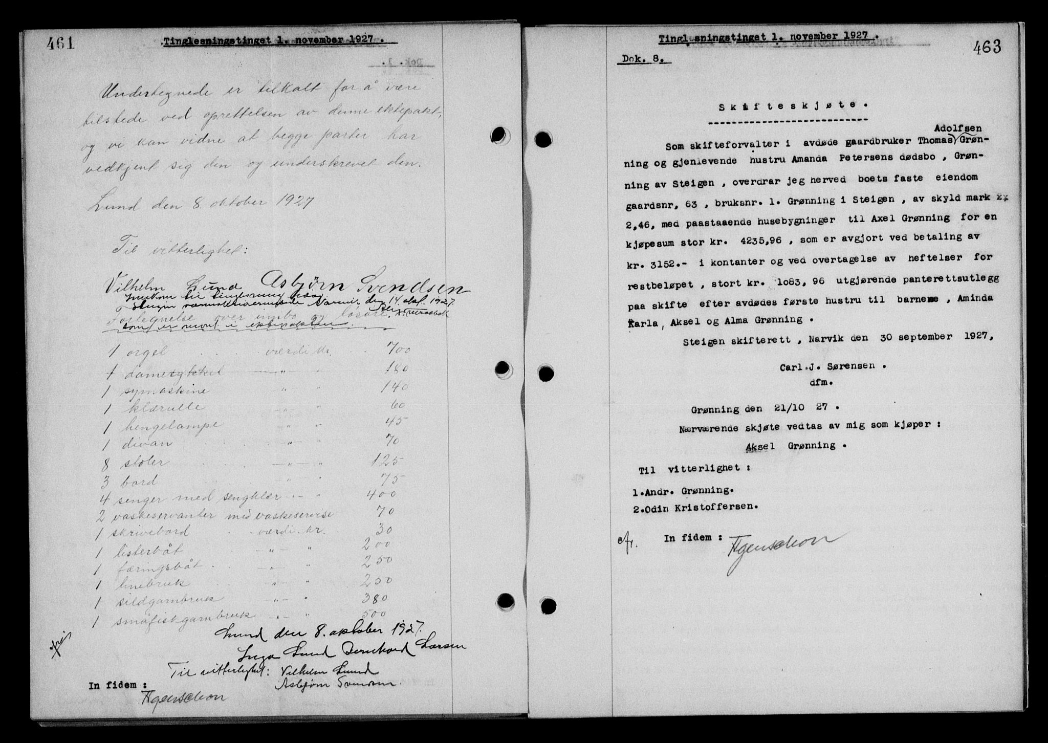 Steigen og Ofoten sorenskriveri, SAT/A-0030/1/2/2C/L0014: Mortgage book no. 13 og 15, 1926-1927, Deed date: 01.11.1927