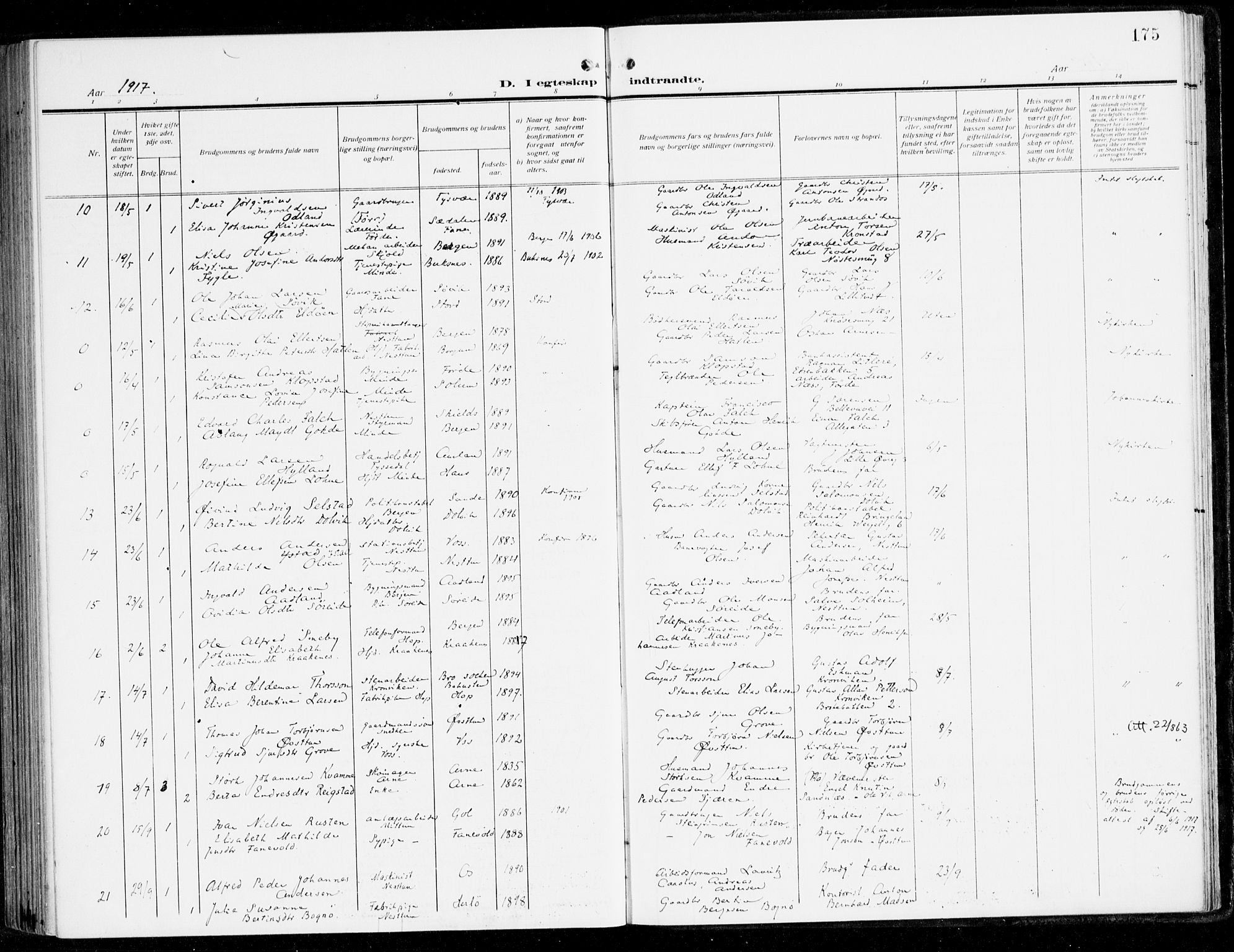 Fana Sokneprestembete, SAB/A-75101/H/Haa/Haai/L0004: Parish register (official) no. I 4, 1912-1933, p. 175