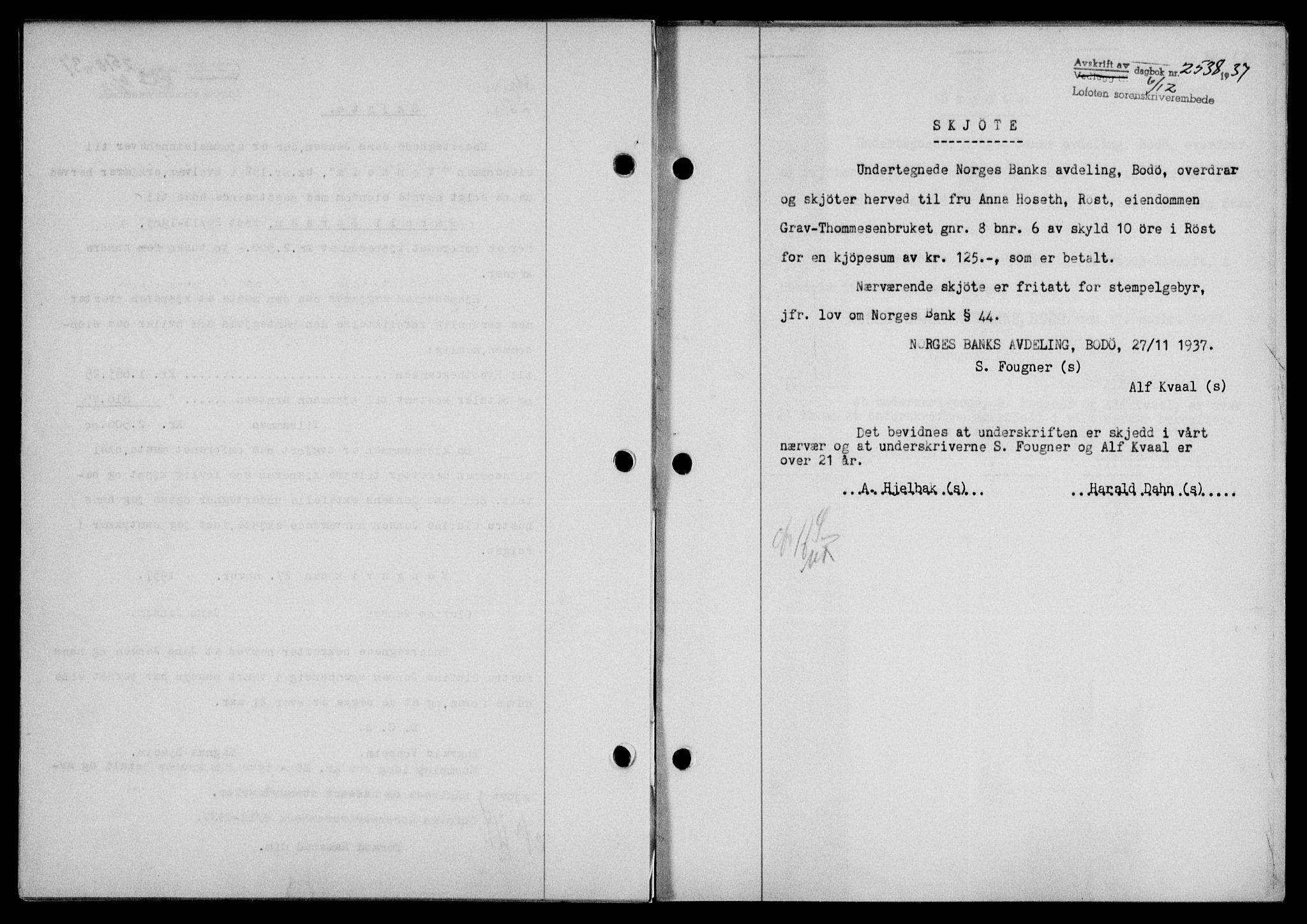 Lofoten sorenskriveri, SAT/A-0017/1/2/2C/L0003a: Mortgage book no. 3a, 1937-1938, Diary no: : 2538/1937