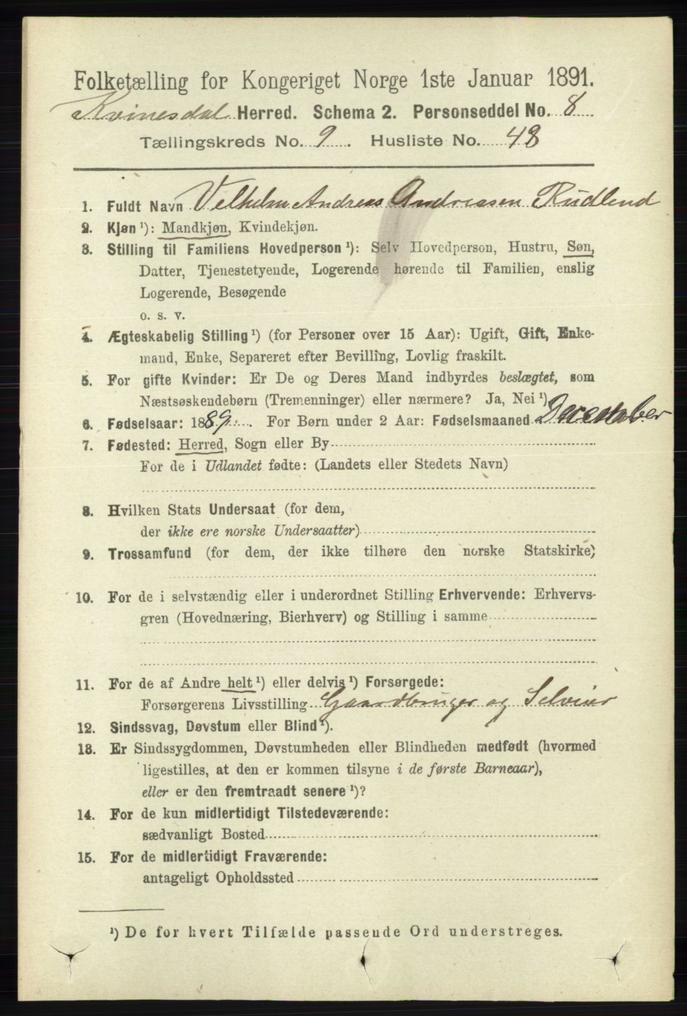 RA, 1891 census for 1037 Kvinesdal, 1891, p. 3550