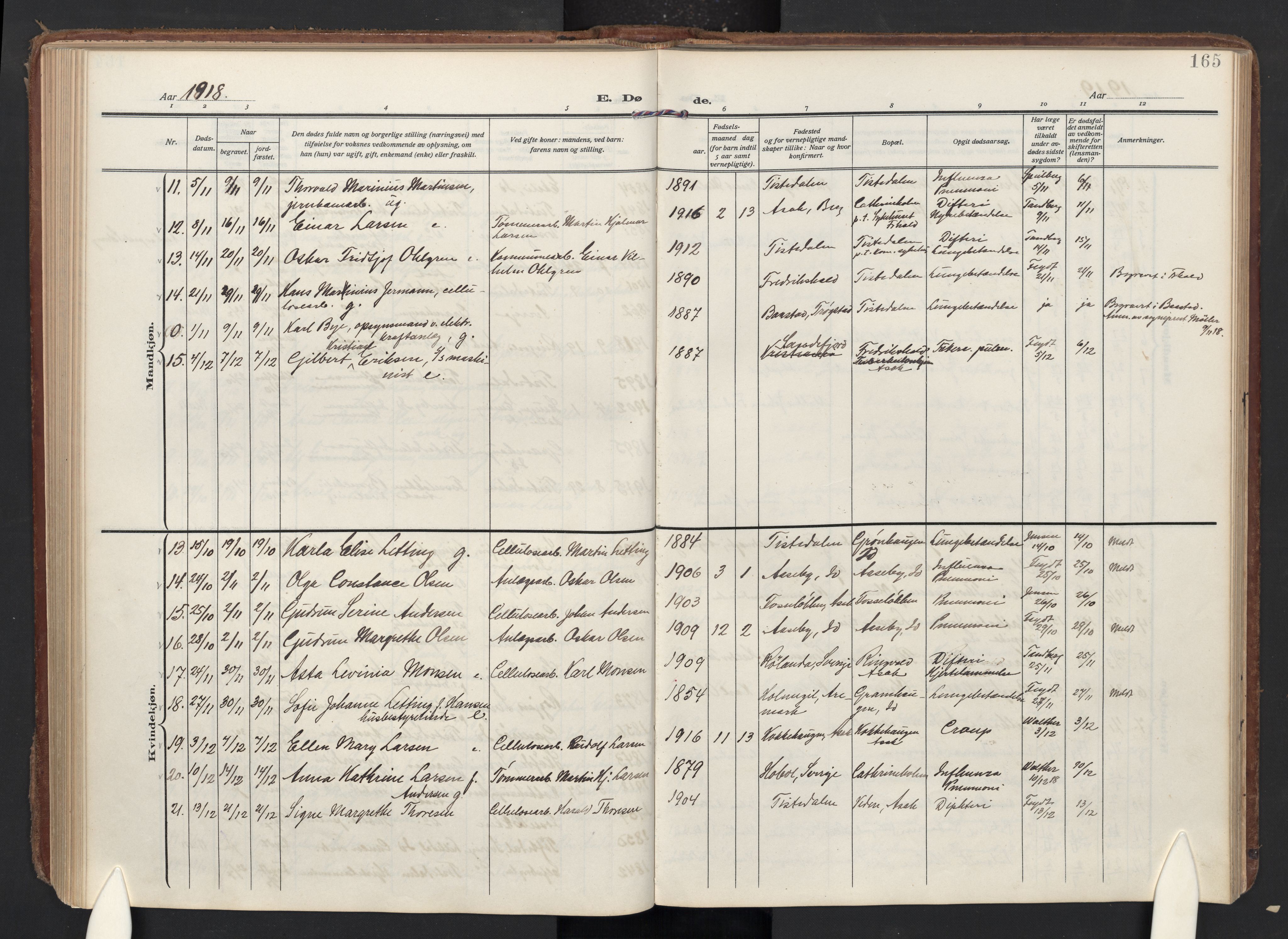 Halden prestekontor Kirkebøker, AV/SAO-A-10909/F/Fc/L0002: Parish register (official) no. III 2, 1909-1945, p. 165