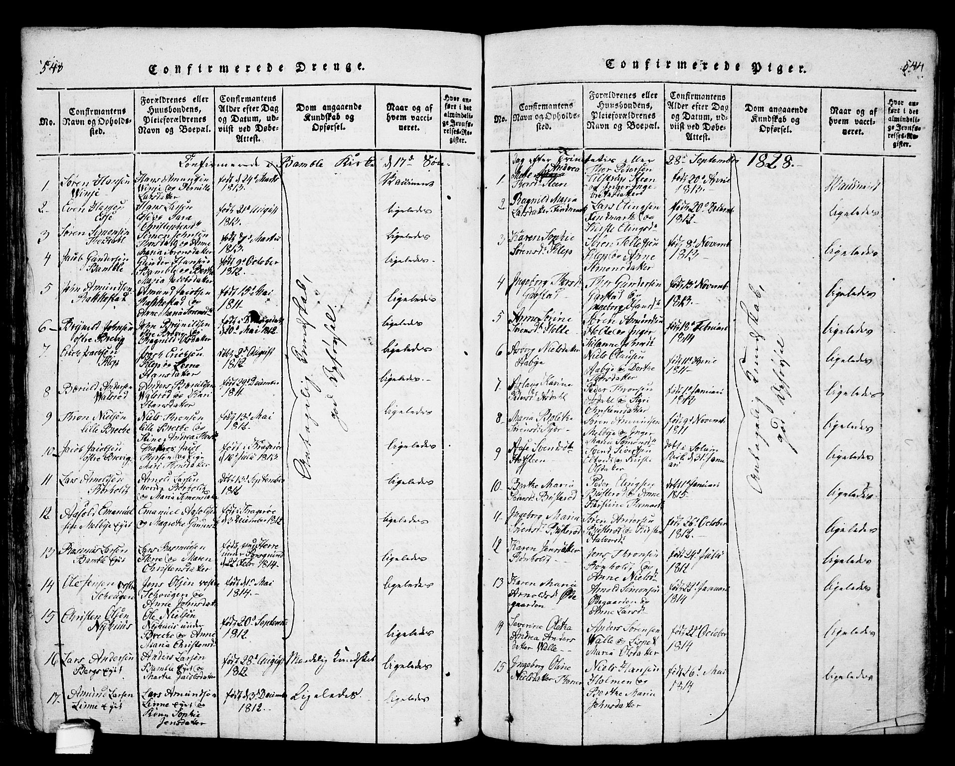 Bamble kirkebøker, SAKO/A-253/F/Fa/L0003: Parish register (official) no. I 3 /1, 1814-1834, p. 543-544
