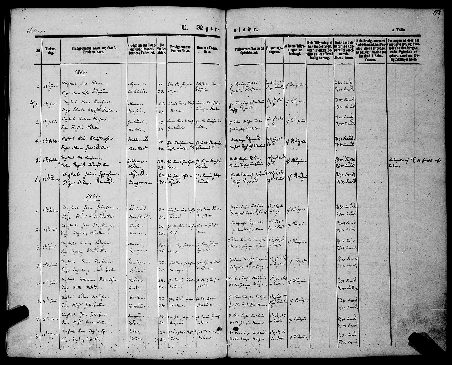 Ministerialprotokoller, klokkerbøker og fødselsregistre - Sør-Trøndelag, SAT/A-1456/685/L0968: Parish register (official) no. 685A07 /3, 1860-1869, p. 178