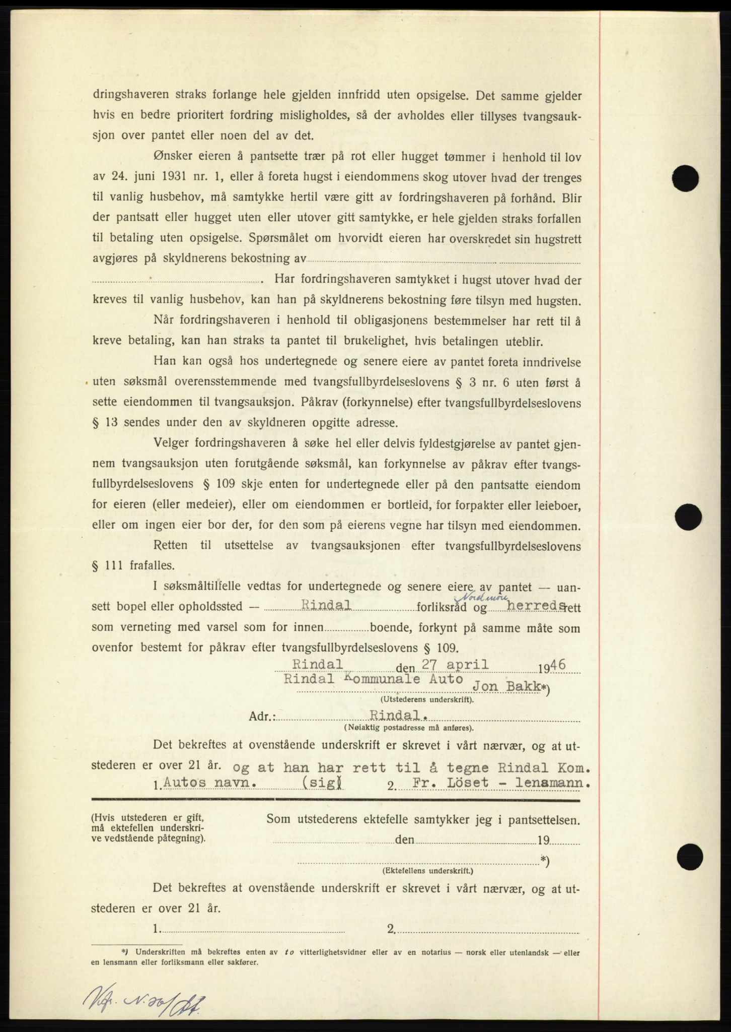 Nordmøre sorenskriveri, AV/SAT-A-4132/1/2/2Ca: Mortgage book no. B94, 1946-1946, Diary no: : 802/1946