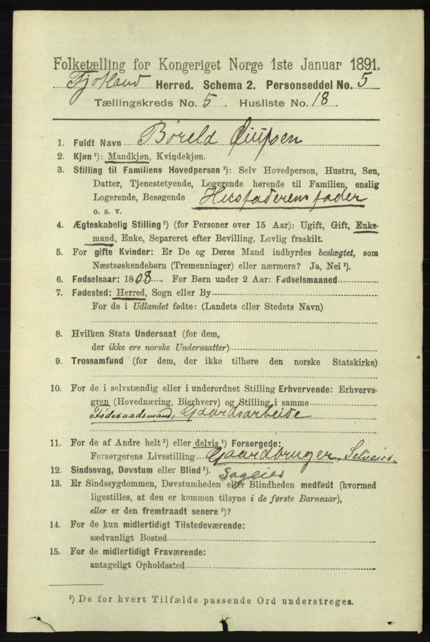 RA, 1891 census for 1036 Fjotland, 1891, p. 830