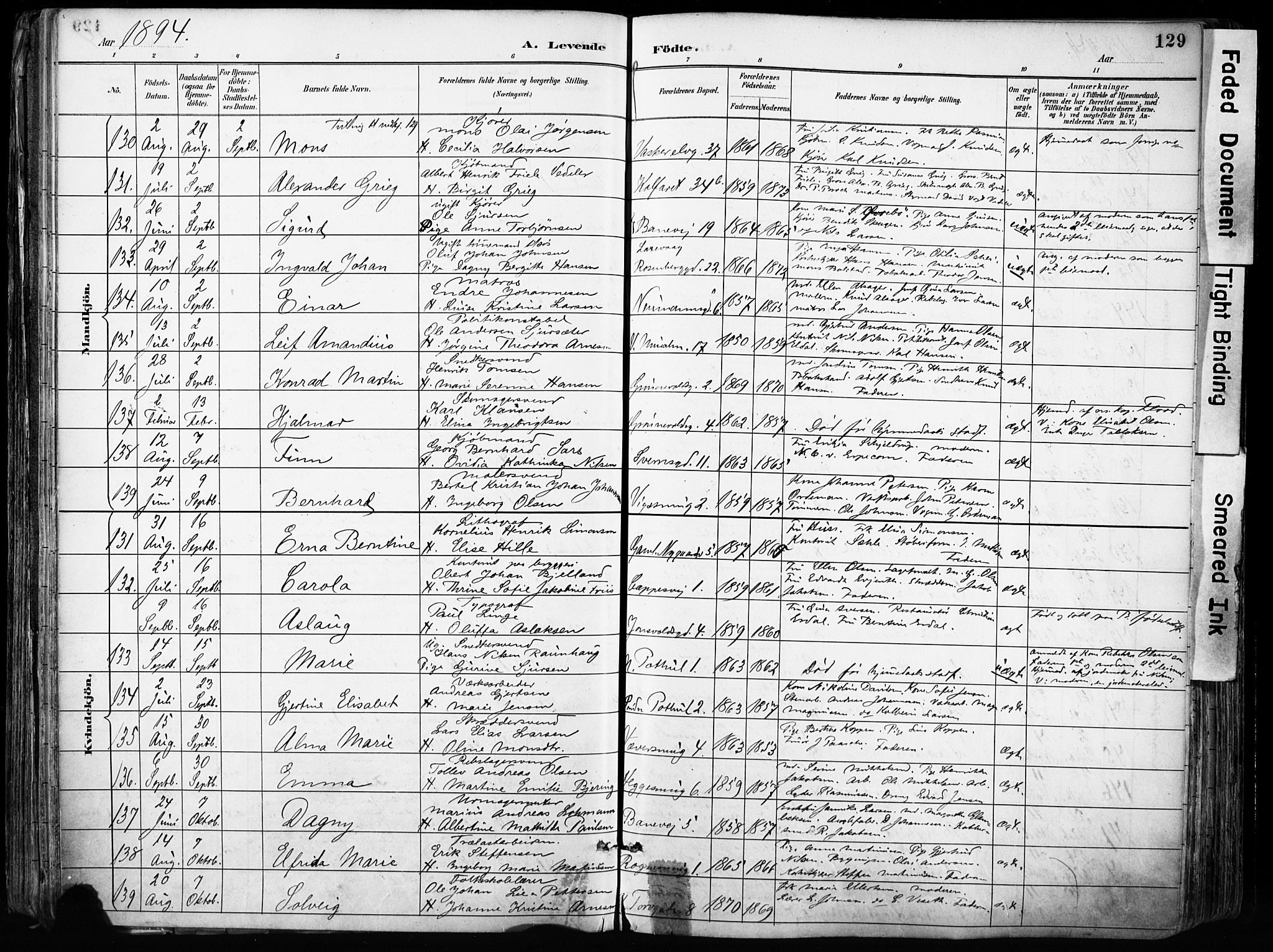 Domkirken sokneprestembete, SAB/A-74801/H/Haa/L0024: Parish register (official) no. B 7, 1888-1903, p. 129