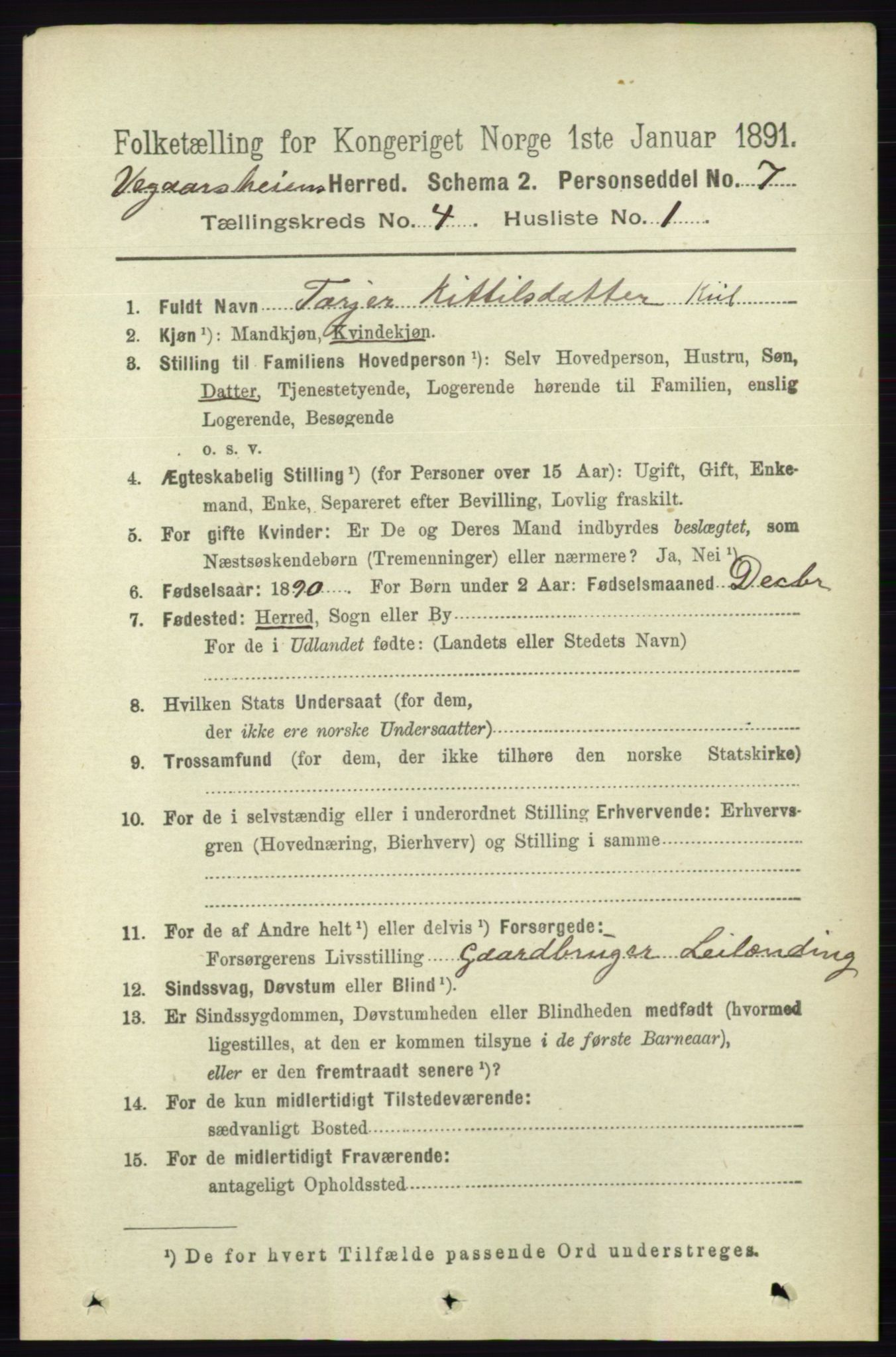 RA, 1891 census for 0912 Vegårshei, 1891, p. 764