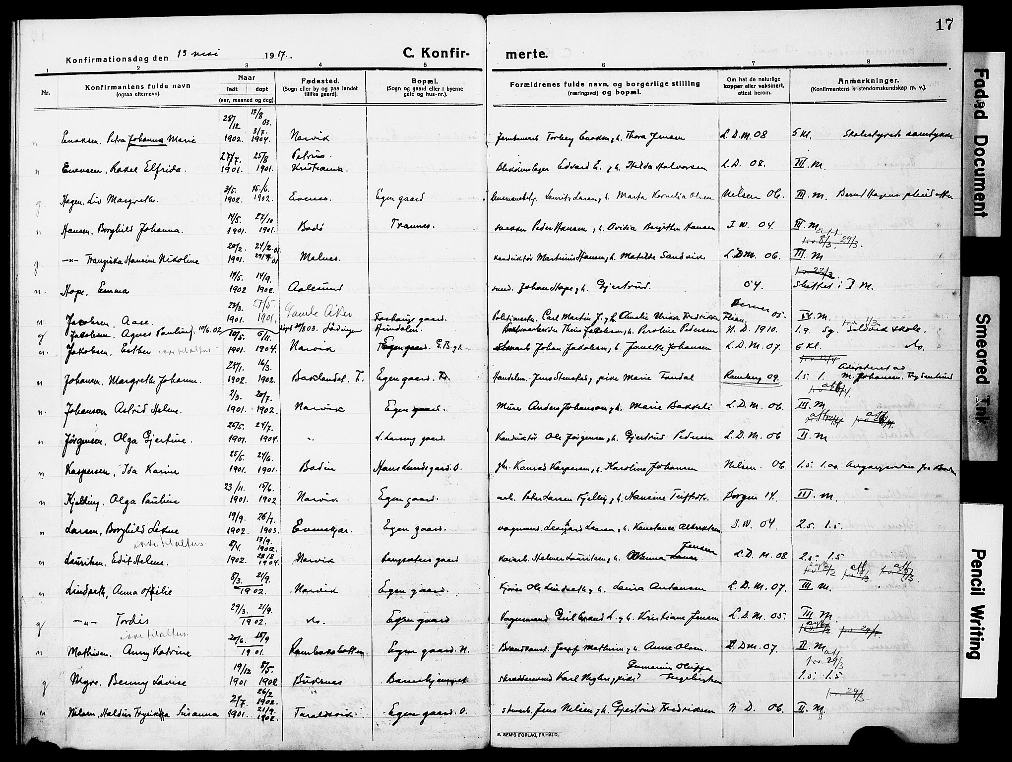 Ministerialprotokoller, klokkerbøker og fødselsregistre - Nordland, AV/SAT-A-1459/871/L0989: Parish register (official) no. 871A05, 1915-1922, p. 17