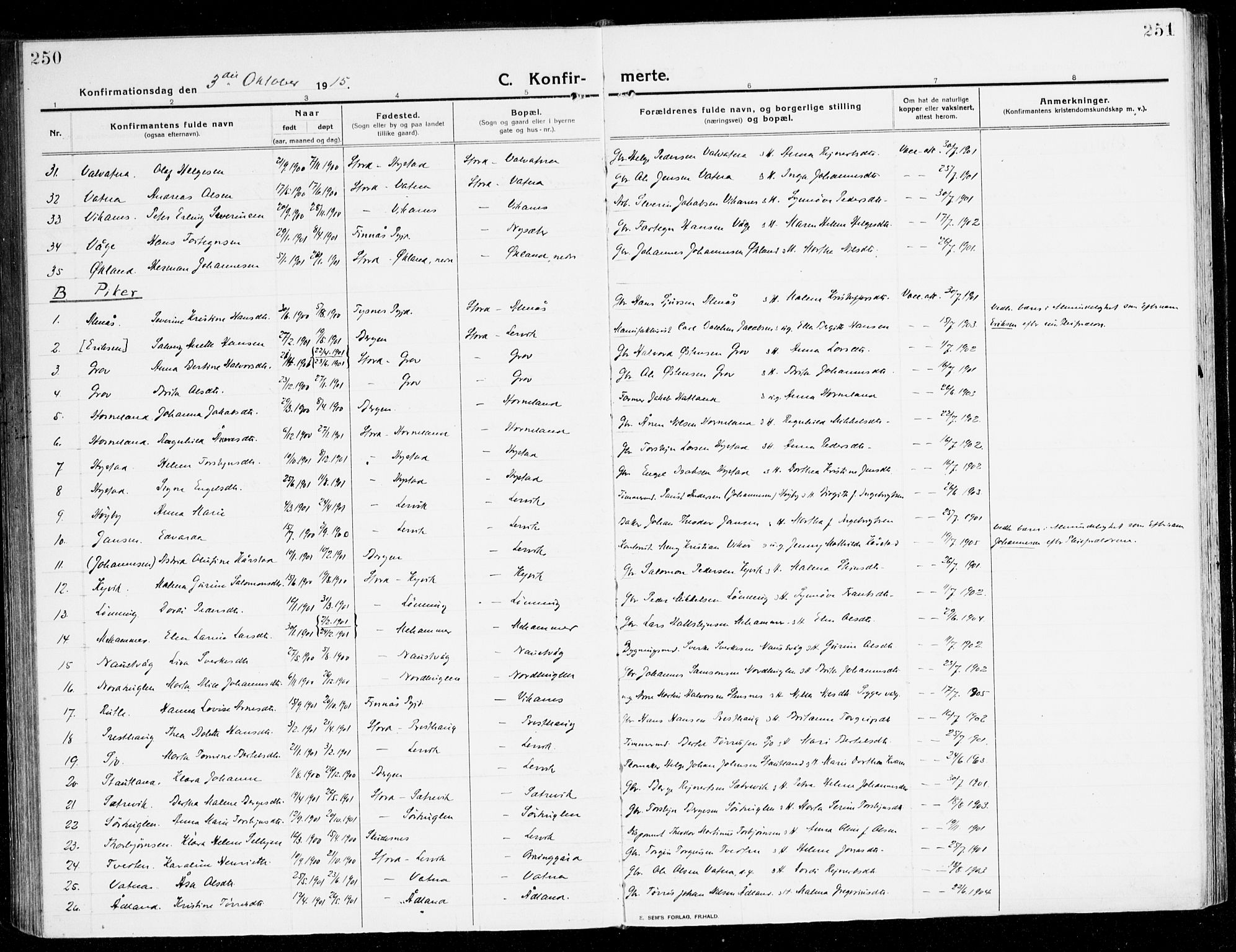 Stord sokneprestembete, AV/SAB-A-78201/H/Haa: Parish register (official) no. B 3, 1913-1925, p. 250-251