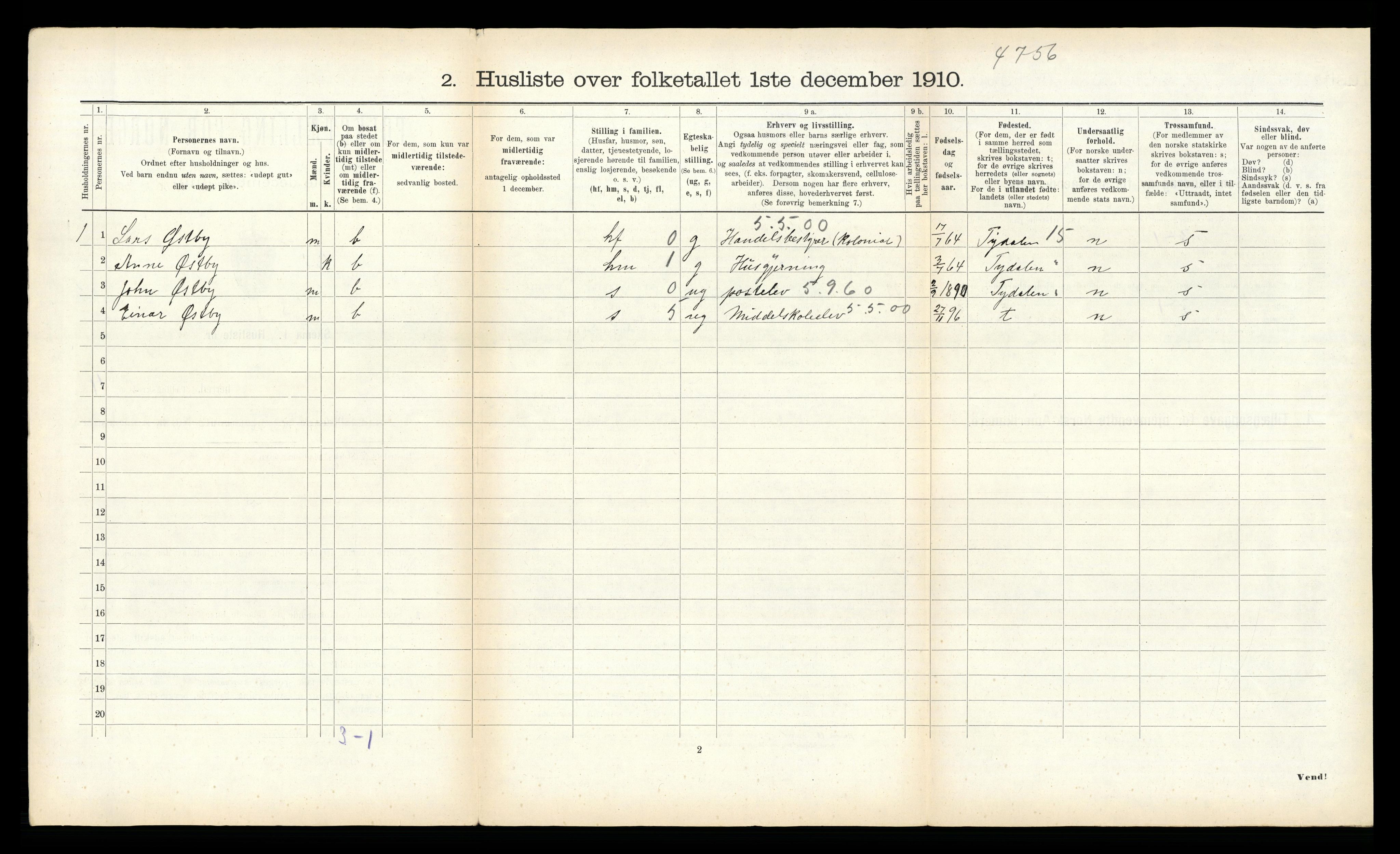 RA, 1910 census for Røros, 1910, p. 1616