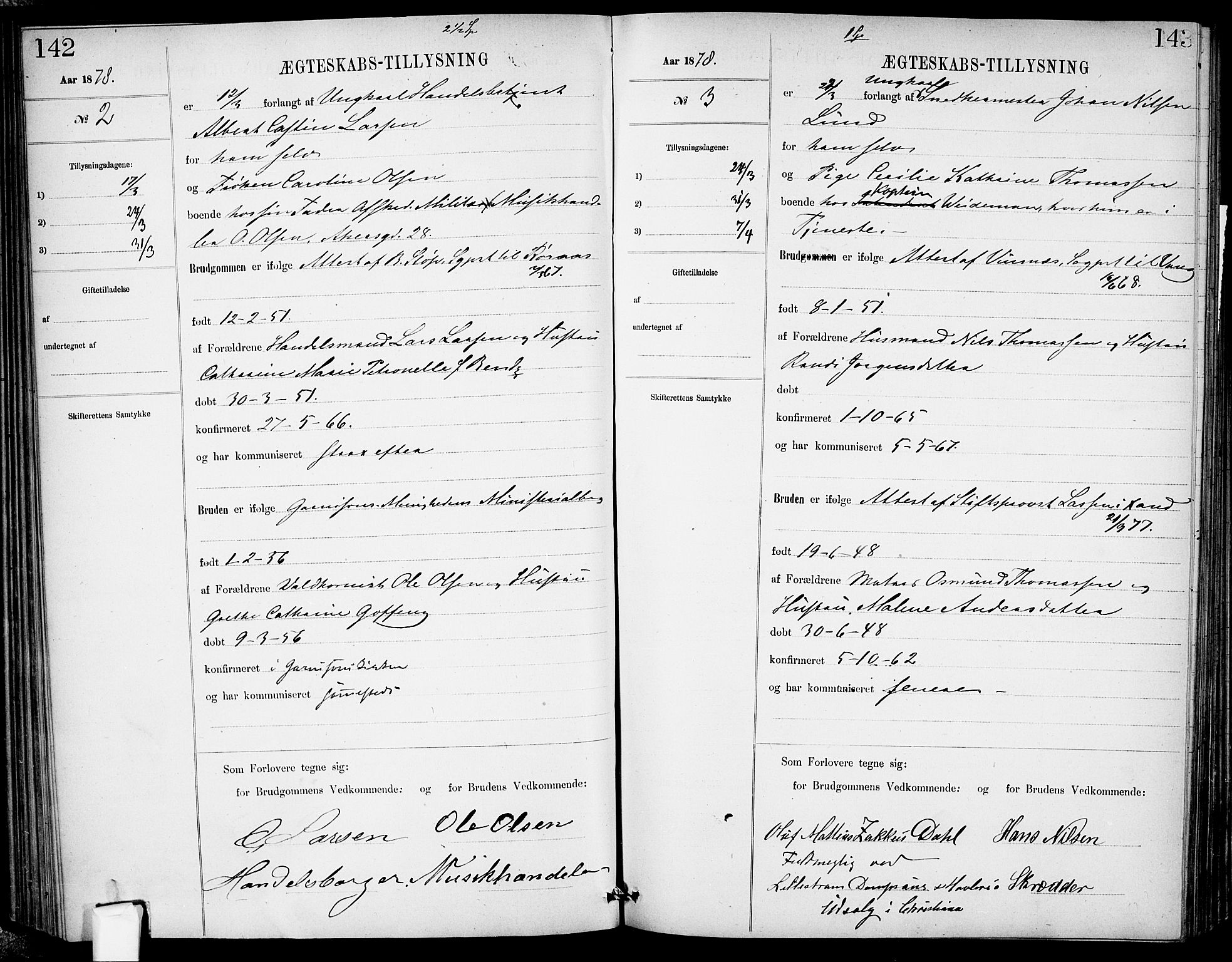 Garnisonsmenigheten Kirkebøker, AV/SAO-A-10846/H/Ha/L0007: Banns register no. I 7, 1872-1893, p. 142-143