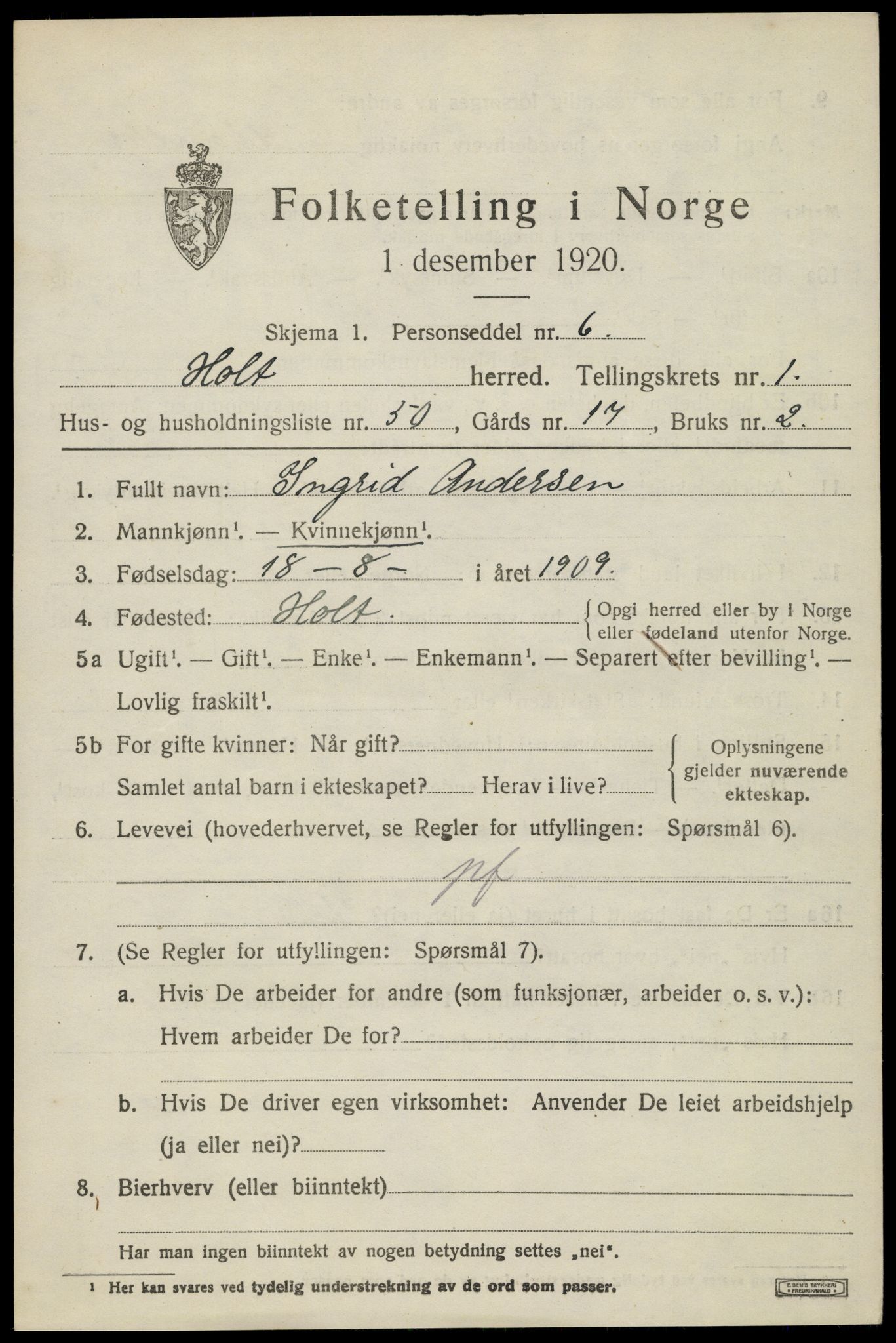 SAK, 1920 census for Holt, 1920, p. 2078