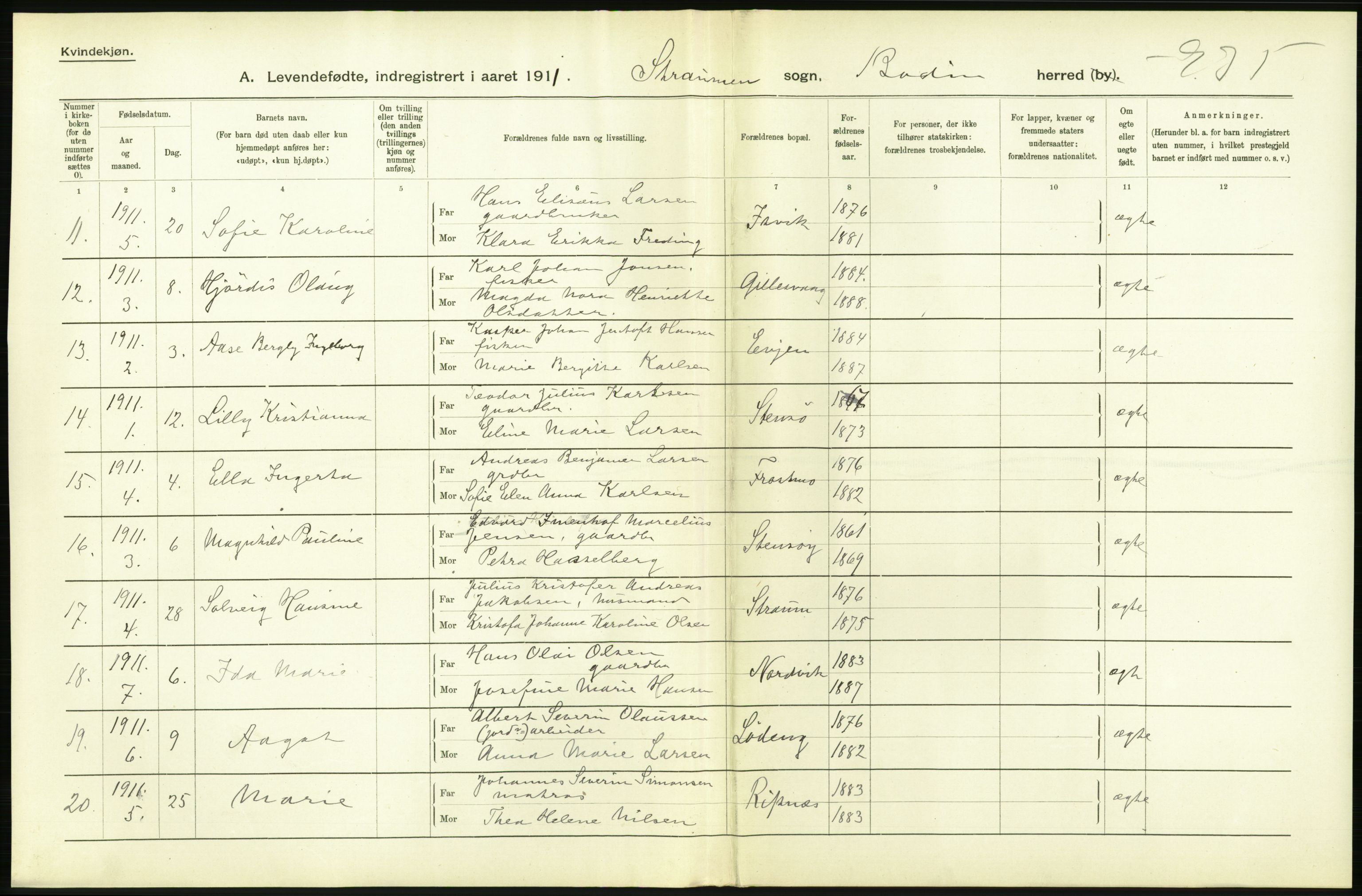 Statistisk sentralbyrå, Sosiodemografiske emner, Befolkning, AV/RA-S-2228/D/Df/Dfb/Dfba/L0044: Nordlands amt:  Levendefødte menn og kvinner. Bygder., 1911, p. 30