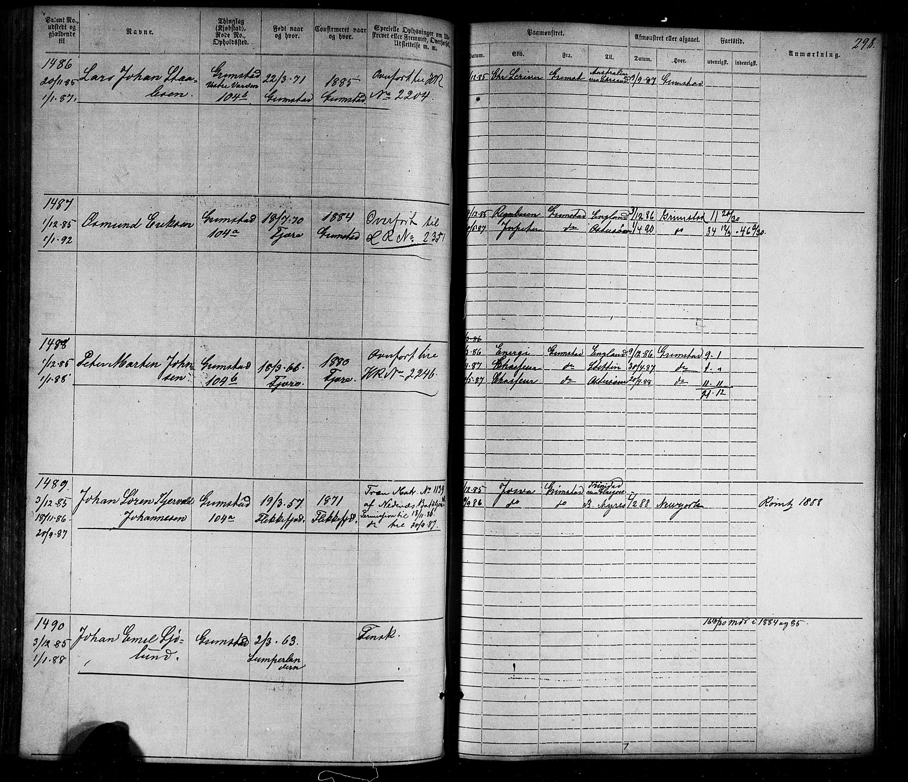 Grimstad mønstringskrets, SAK/2031-0013/F/Fa/L0005: Annotasjonsrulle nr 1-1910 med register, V-18, 1870-1892, p. 336