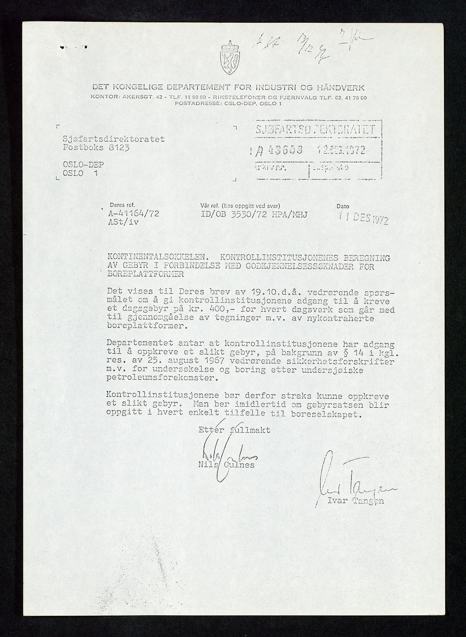 Industridepartementet, Oljekontoret, AV/SAST-A-101348/Db/L0002: Oljevernrådet, Styret i OD, leieforhold, div., 1966-1973, p. 636