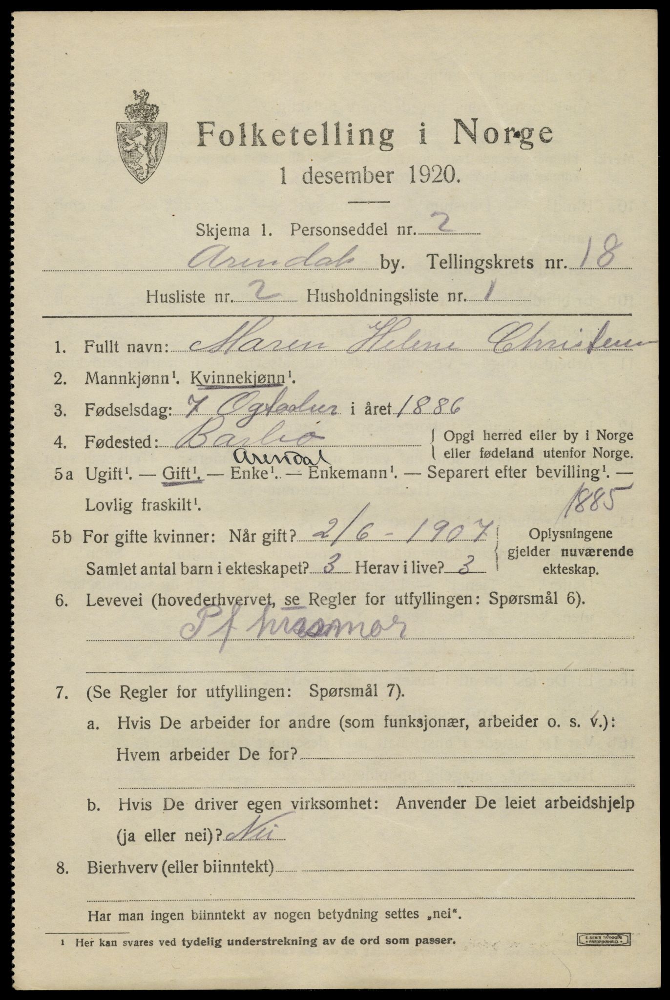 SAK, 1920 census for Arendal, 1920, p. 24950