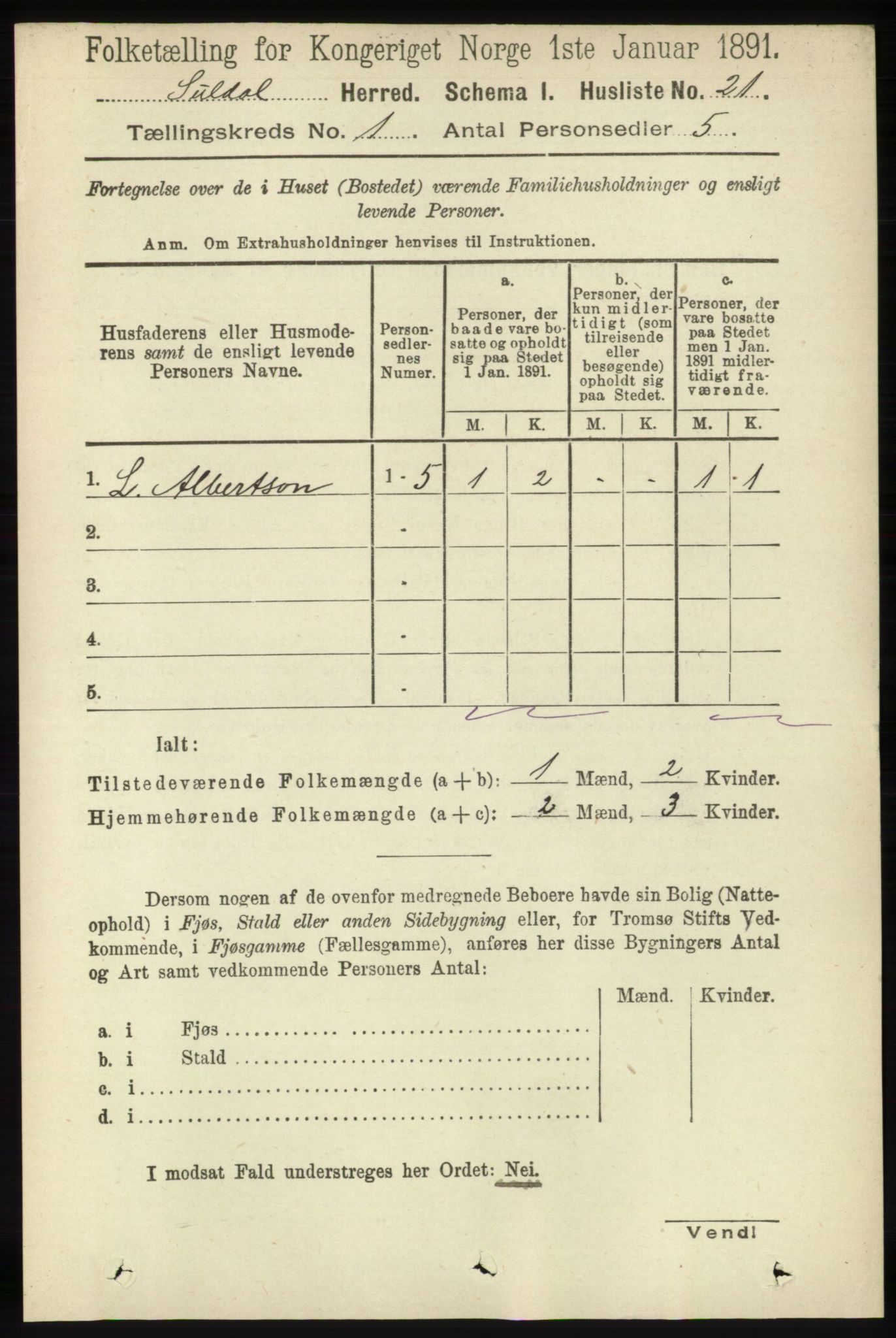 RA, 1891 census for 1134 Suldal, 1891, p. 45