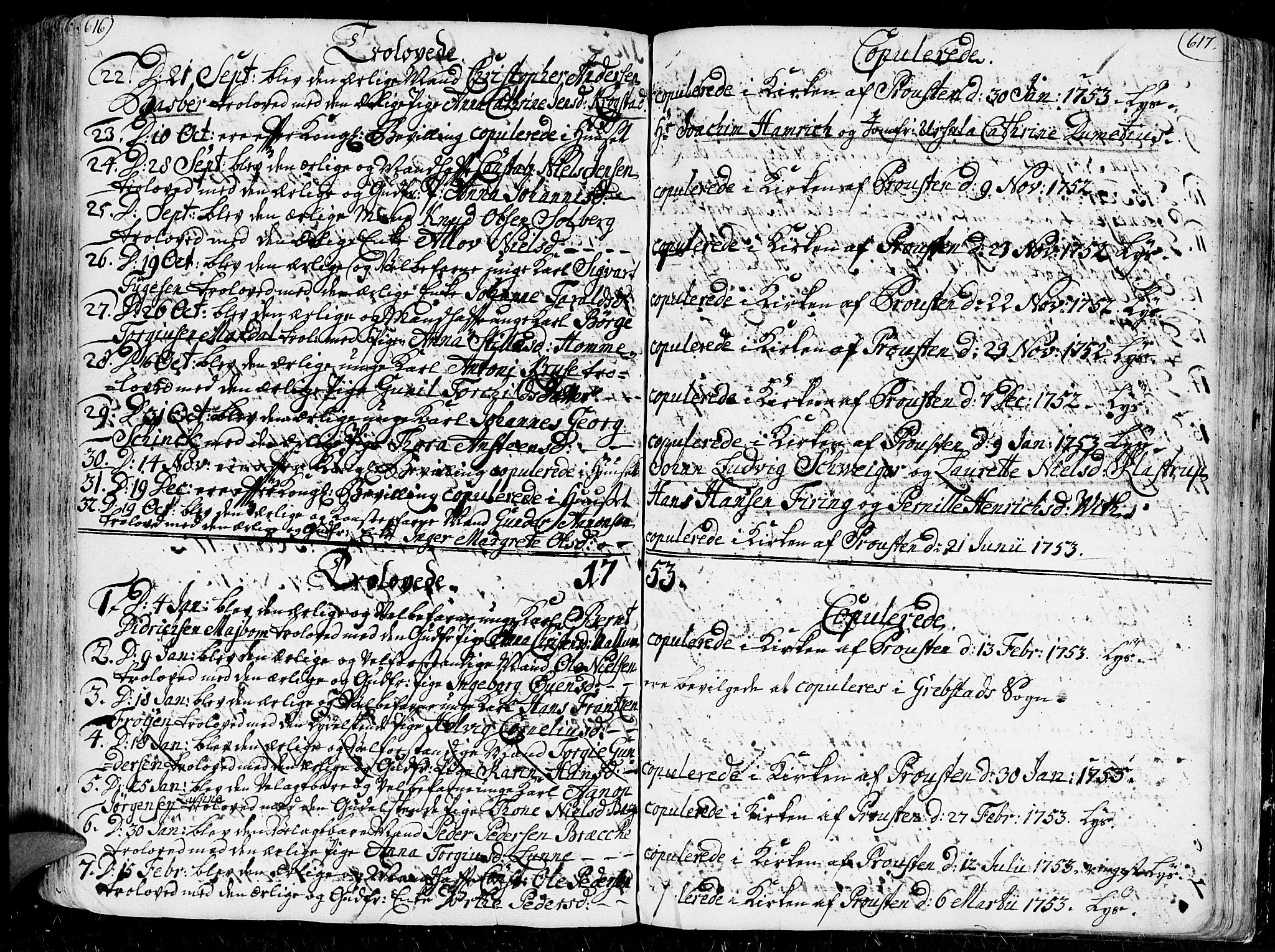 Kristiansand domprosti, SAK/1112-0006/F/Fa/L0001: Parish register (official) no. A 1, 1734-1793, p. 616-617