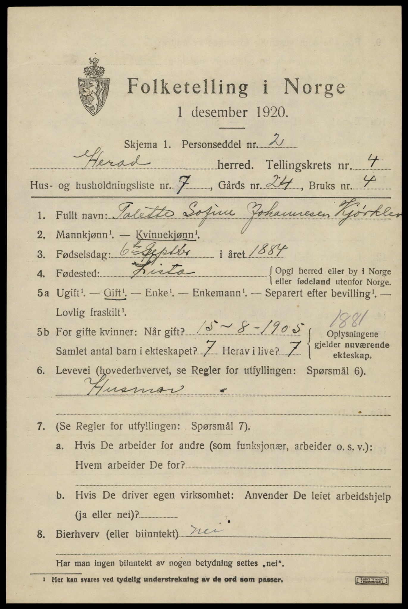 SAK, 1920 census for Herad, 1920, p. 1790