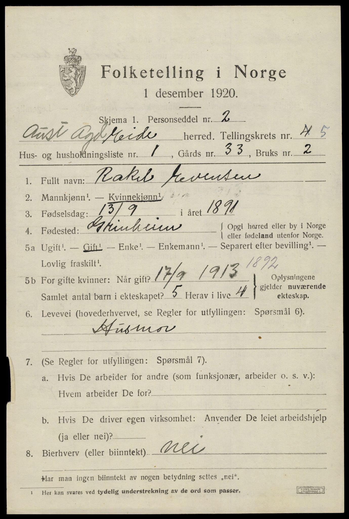 SAK, 1920 census for Eide, 1920, p. 1384