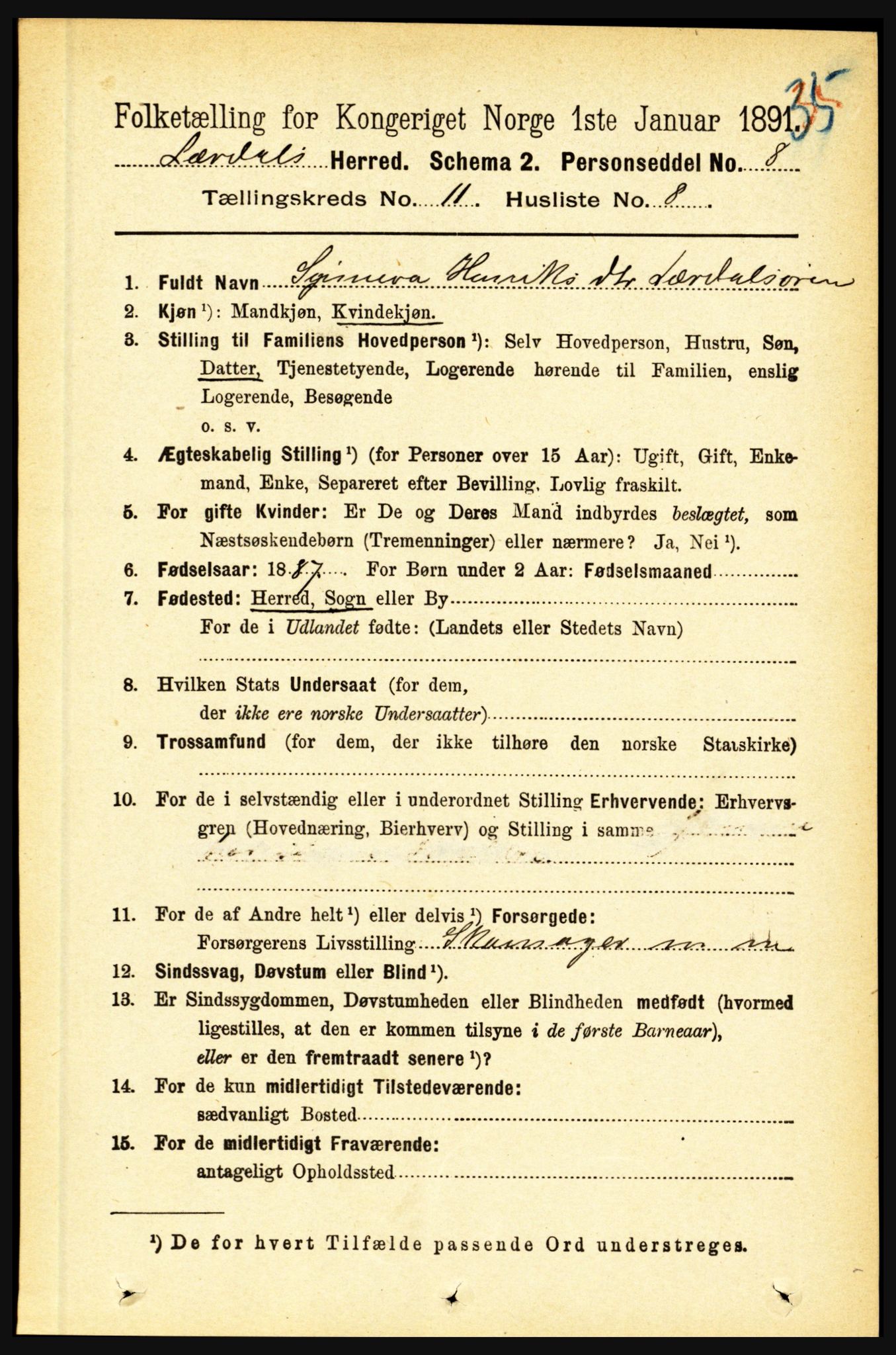 RA, 1891 census for 1422 Lærdal, 1891, p. 2189