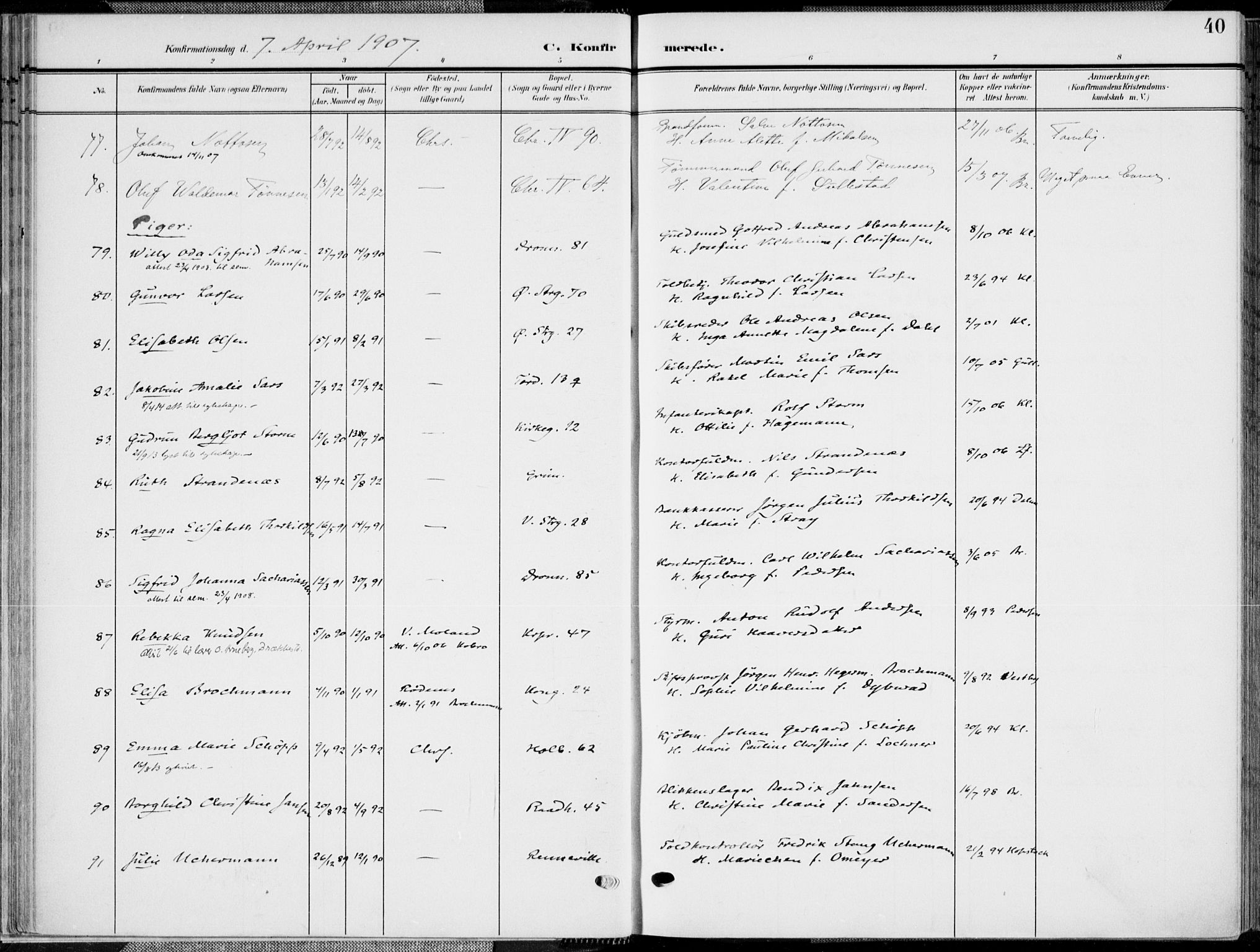 Kristiansand domprosti, SAK/1112-0006/F/Fa/L0022: Parish register (official) no. A 21, 1905-1916, p. 40