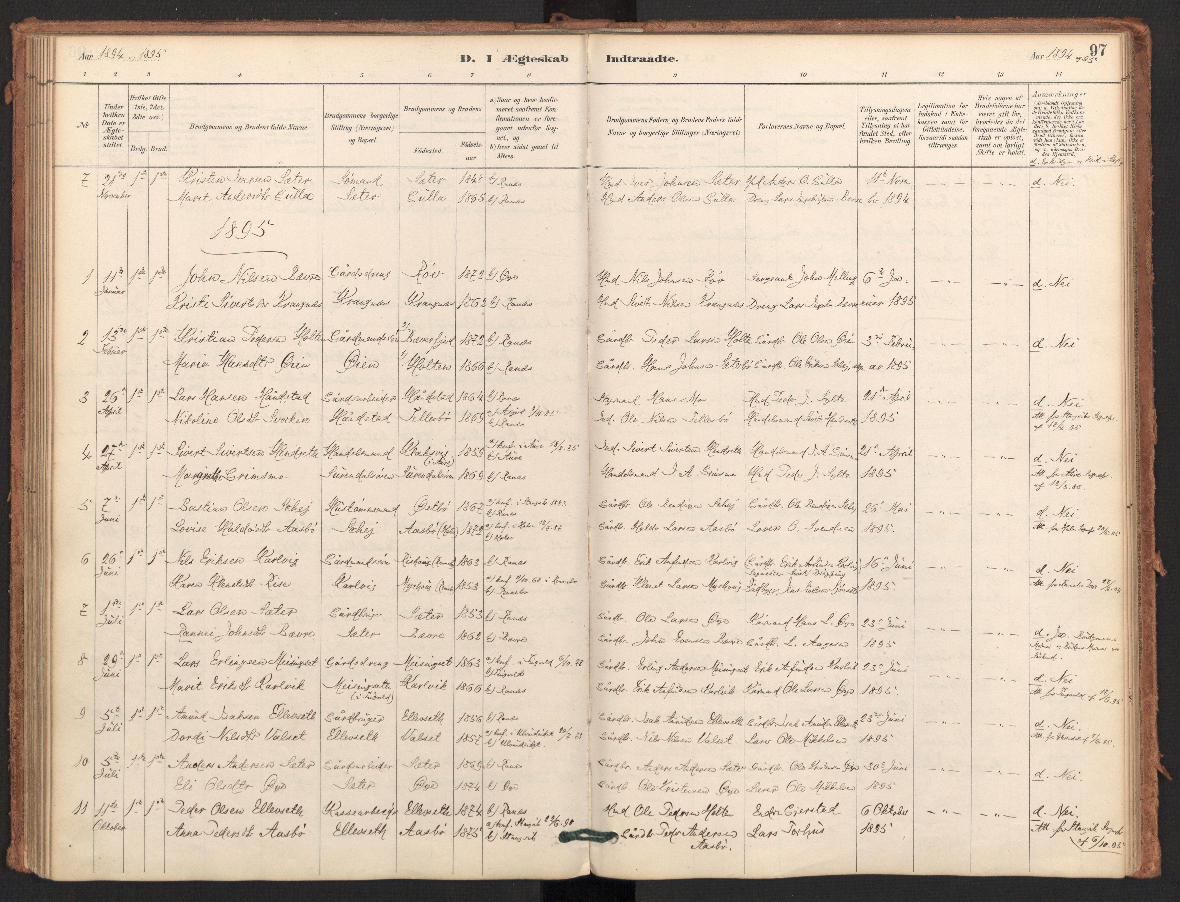 Ministerialprotokoller, klokkerbøker og fødselsregistre - Møre og Romsdal, AV/SAT-A-1454/596/L1056: Parish register (official) no. 596A01, 1885-1900, p. 97