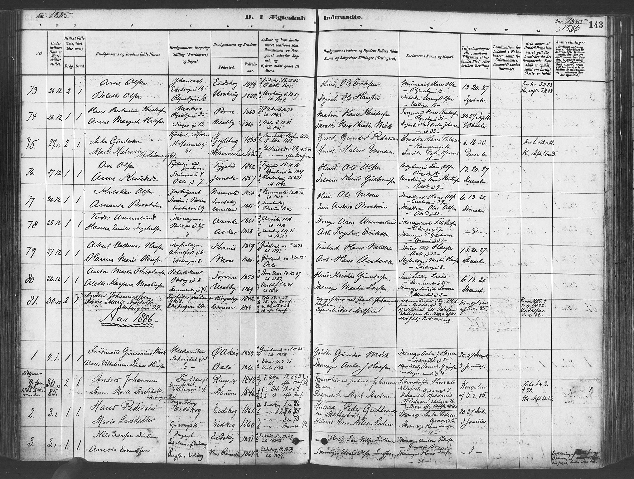 Gamlebyen prestekontor Kirkebøker, SAO/A-10884/F/Fa/L0006: Parish register (official) no. 6, 1881-1890, p. 143