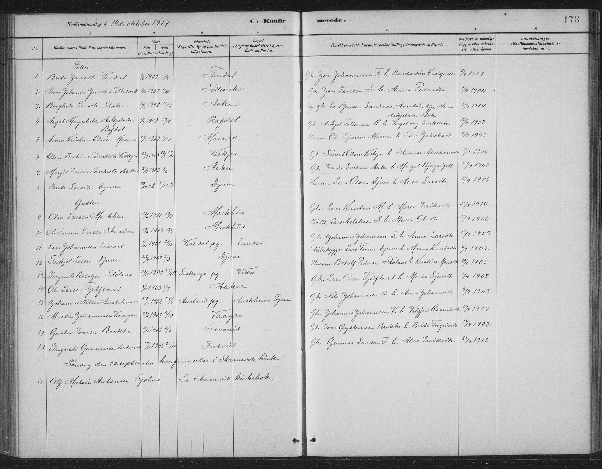 Skånevik sokneprestembete, SAB/A-77801/H/Hab: Parish register (copy) no. B 2, 1881-1920, p. 173