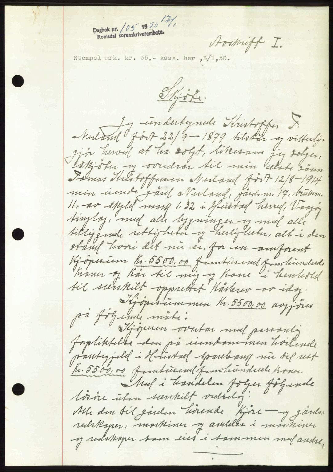 Romsdal sorenskriveri, AV/SAT-A-4149/1/2/2C: Mortgage book no. A32, 1950-1950, Diary no: : 105/1950