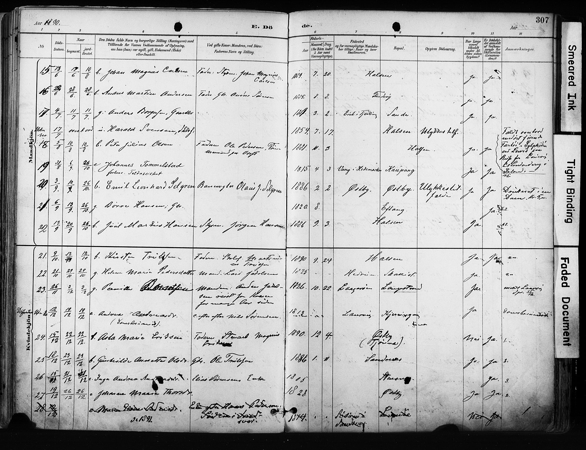 Tjølling kirkebøker, AV/SAKO-A-60/F/Fa/L0009: Parish register (official) no. 9, 1887-1905, p. 307