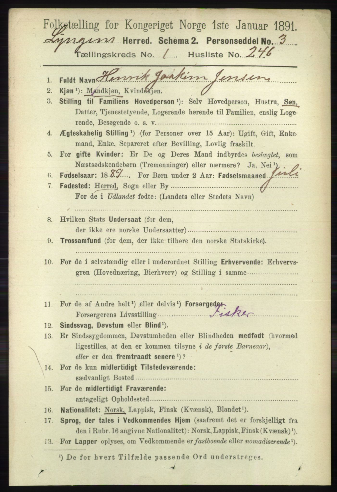 RA, 1891 census for 1938 Lyngen, 1891, p. 1912