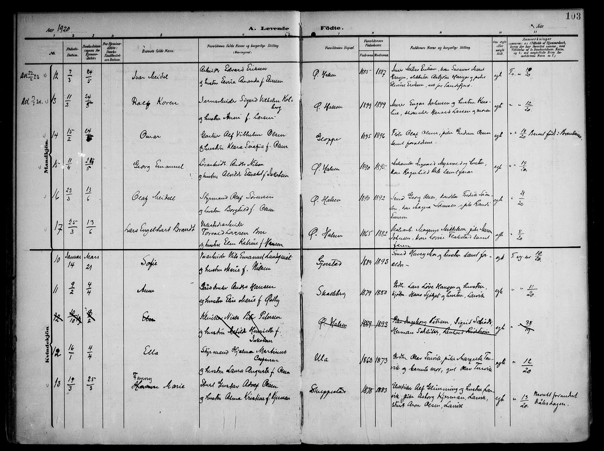 Tjølling kirkebøker, AV/SAKO-A-60/F/Fa/L0010: Parish register (official) no. 10, 1906-1923, p. 103