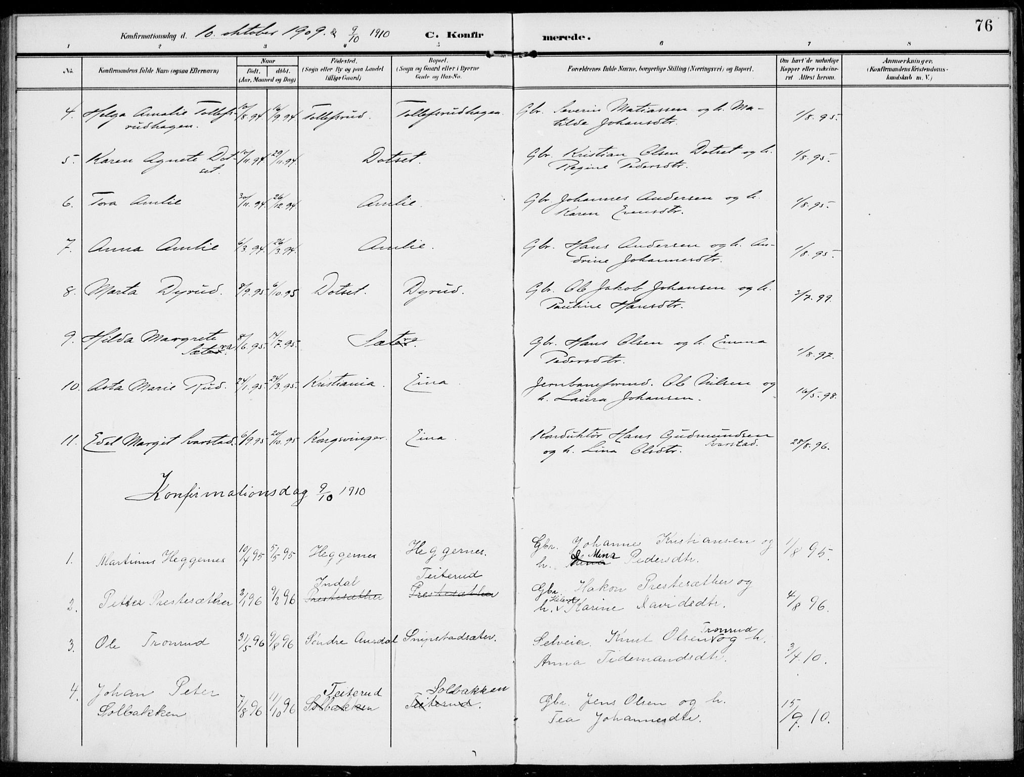 Kolbu prestekontor, AV/SAH-PREST-110/H/Ha/Haa/L0001: Parish register (official) no. 1, 1907-1923, p. 76