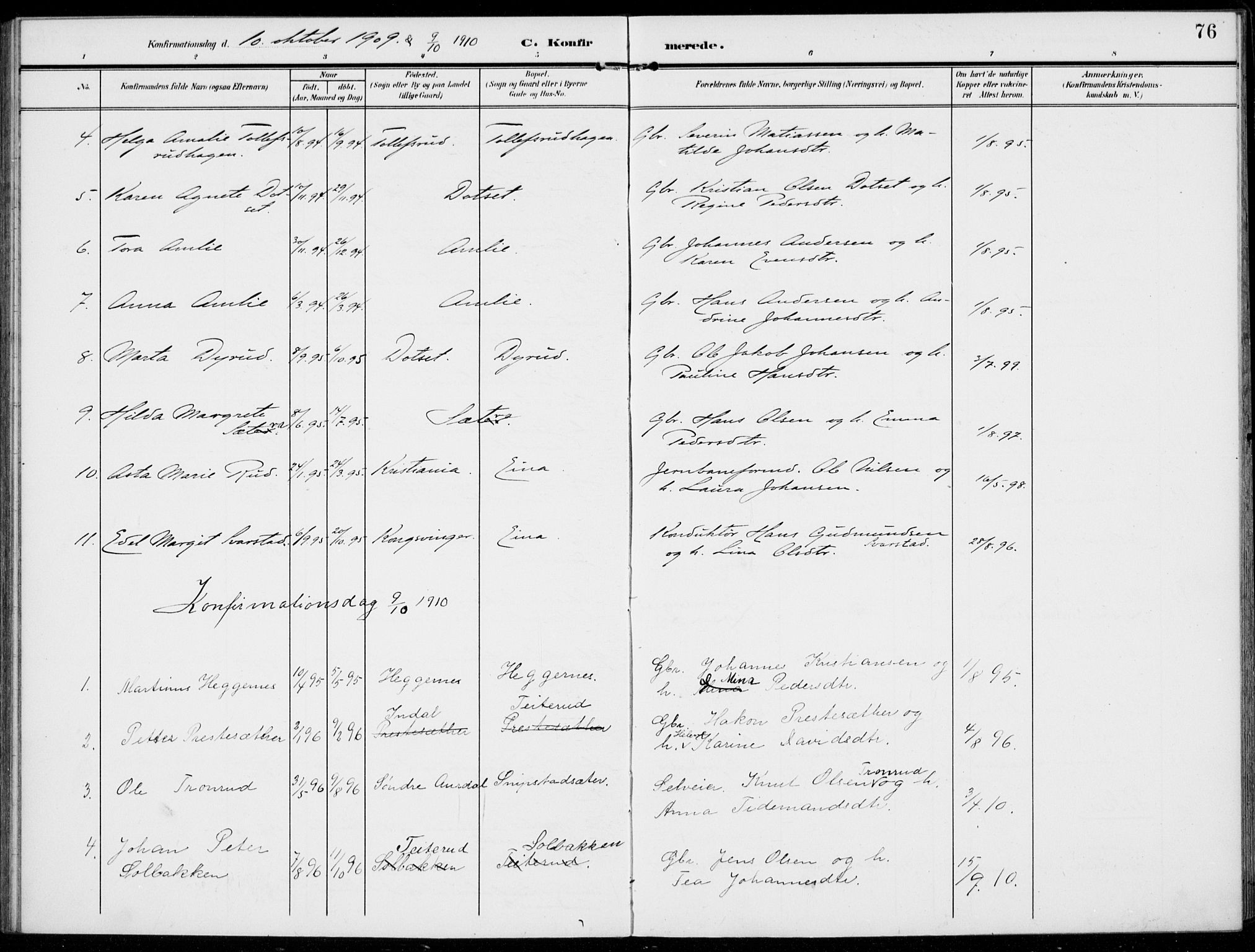 Kolbu prestekontor, SAH/PREST-110/H/Ha/Haa/L0001: Parish register (official) no. 1, 1907-1923, p. 76