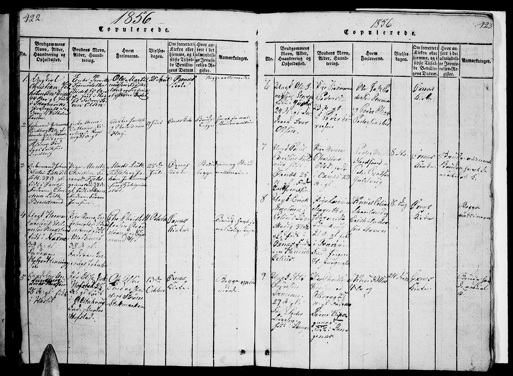 Ministerialprotokoller, klokkerbøker og fødselsregistre - Nordland, AV/SAT-A-1459/893/L1346: Parish register (copy) no. 893C01, 1820-1858, p. 422-423