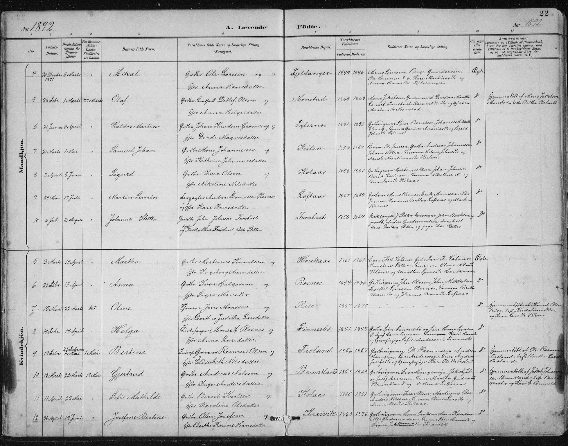 Lindås Sokneprestembete, SAB/A-76701/H/Hab: Parish register (copy) no. B 3, 1886-1914, p. 22