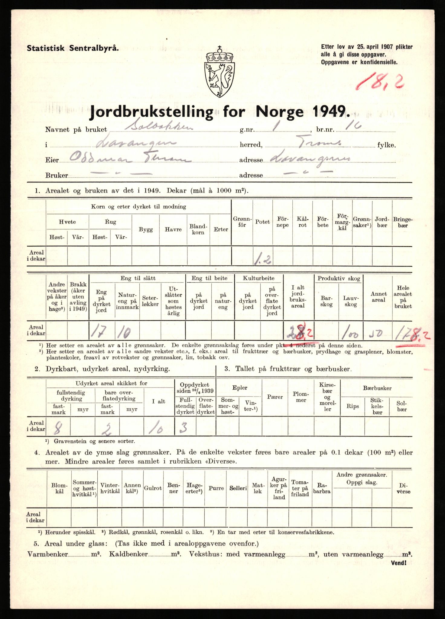 Statistisk sentralbyrå, Næringsøkonomiske emner, Jordbruk, skogbruk, jakt, fiske og fangst, AV/RA-S-2234/G/Gc/L0437: Troms: Gratangen og Lavangen, 1949, p. 365