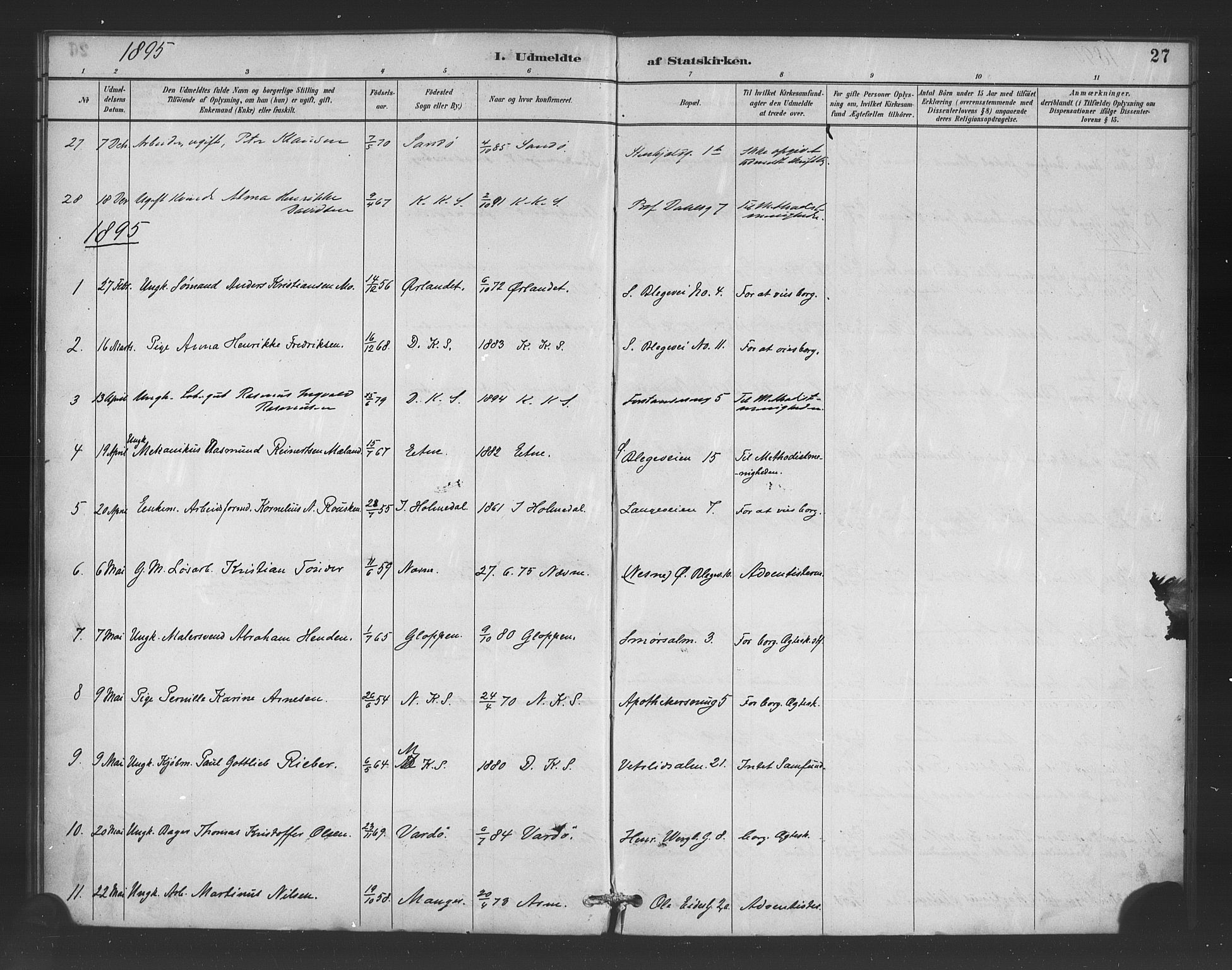 Korskirken sokneprestembete, SAB/A-76101/H/Haa/L0052: Parish register (official) no. G 2, 1887-1899, p. 27