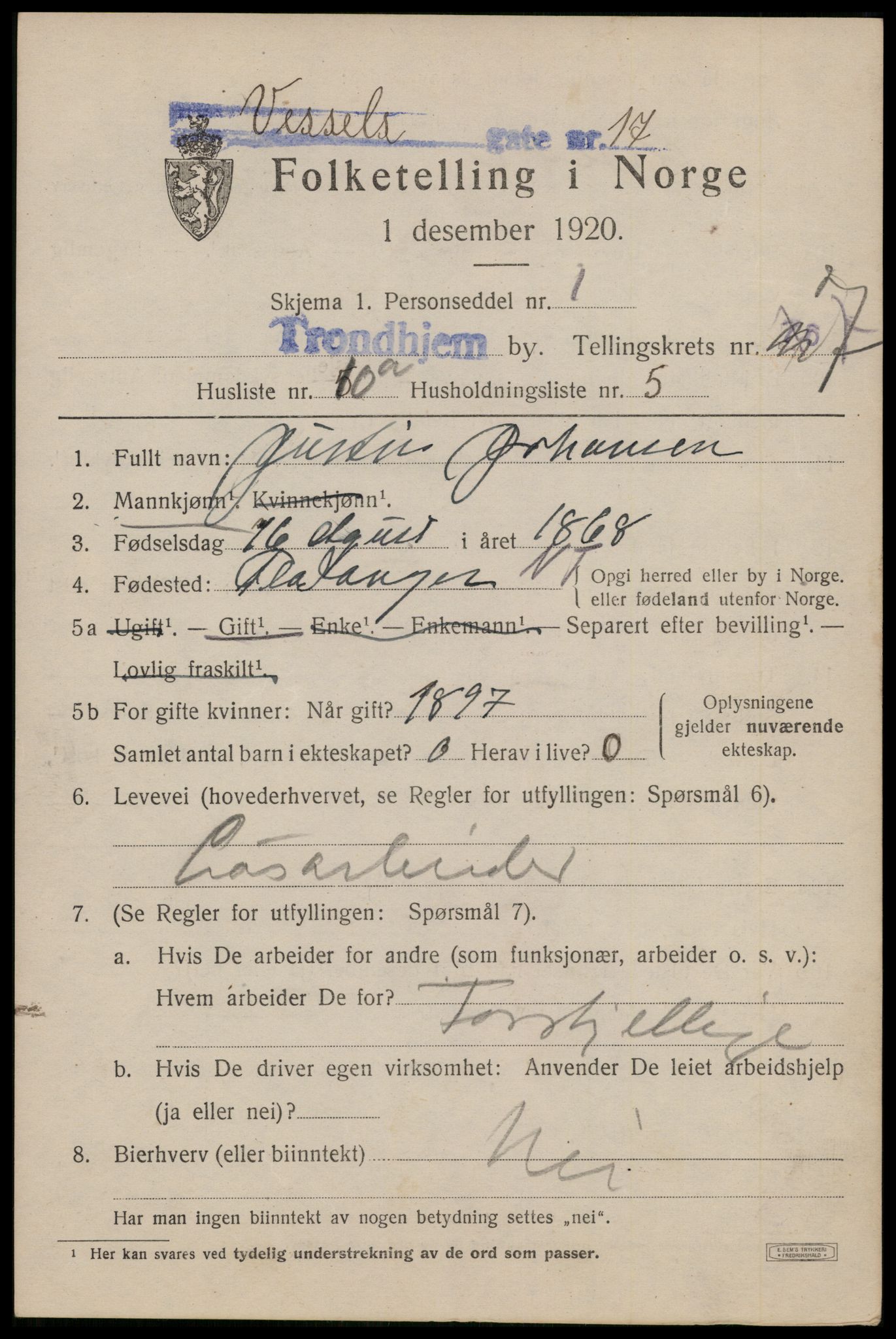 SAT, 1920 census for Trondheim, 1920, p. 132680